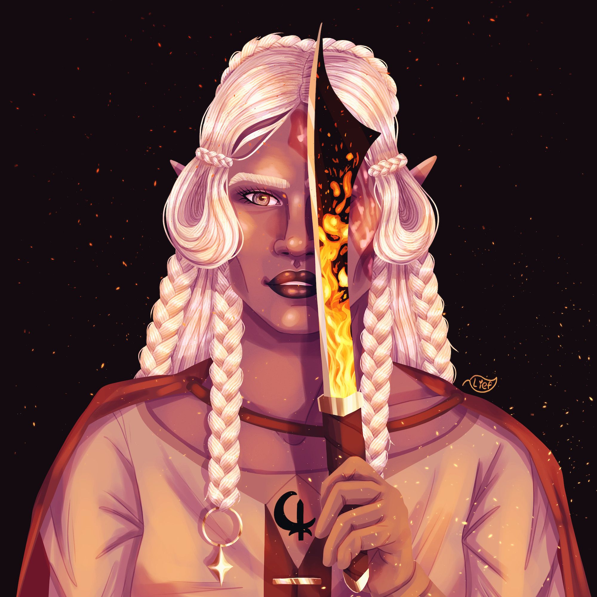 A rendered digital bust painting of a dark elf woman holding a dagger in front of one of her eyes. She has an intricate braided hairstyle and a burn scar across the side of her face partially hidden by the dagger. The dagger reflects flames, and embers float in front of the woman. She is slightly smiling though has a mostly neutral expression. She wears a shirt with the symbol of Eilistraee.