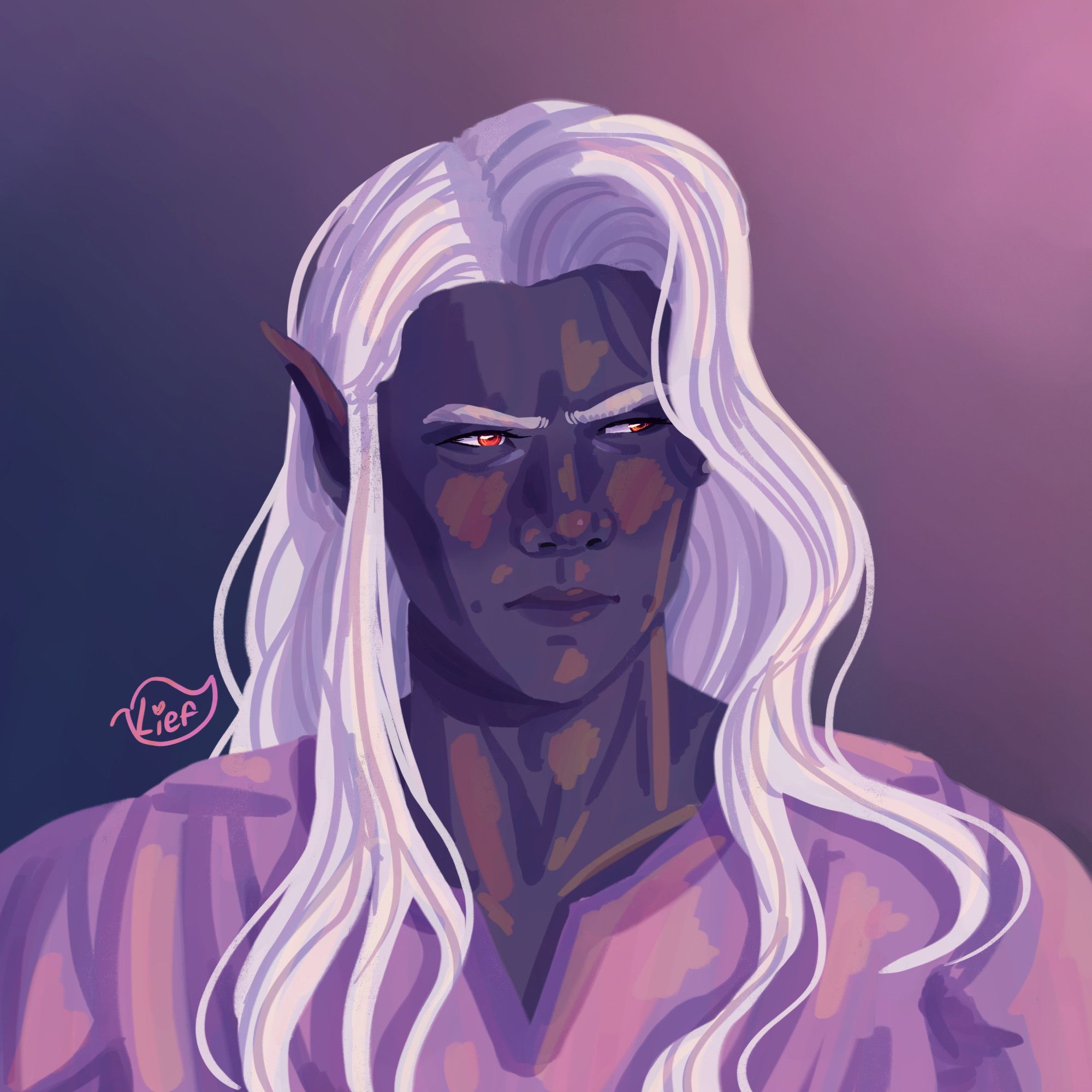 A digital painterly portrait of a stern-looking drow man. He has long white hair in slight waves, and wears a pink tunic. He is quite buff, and has red eyes.