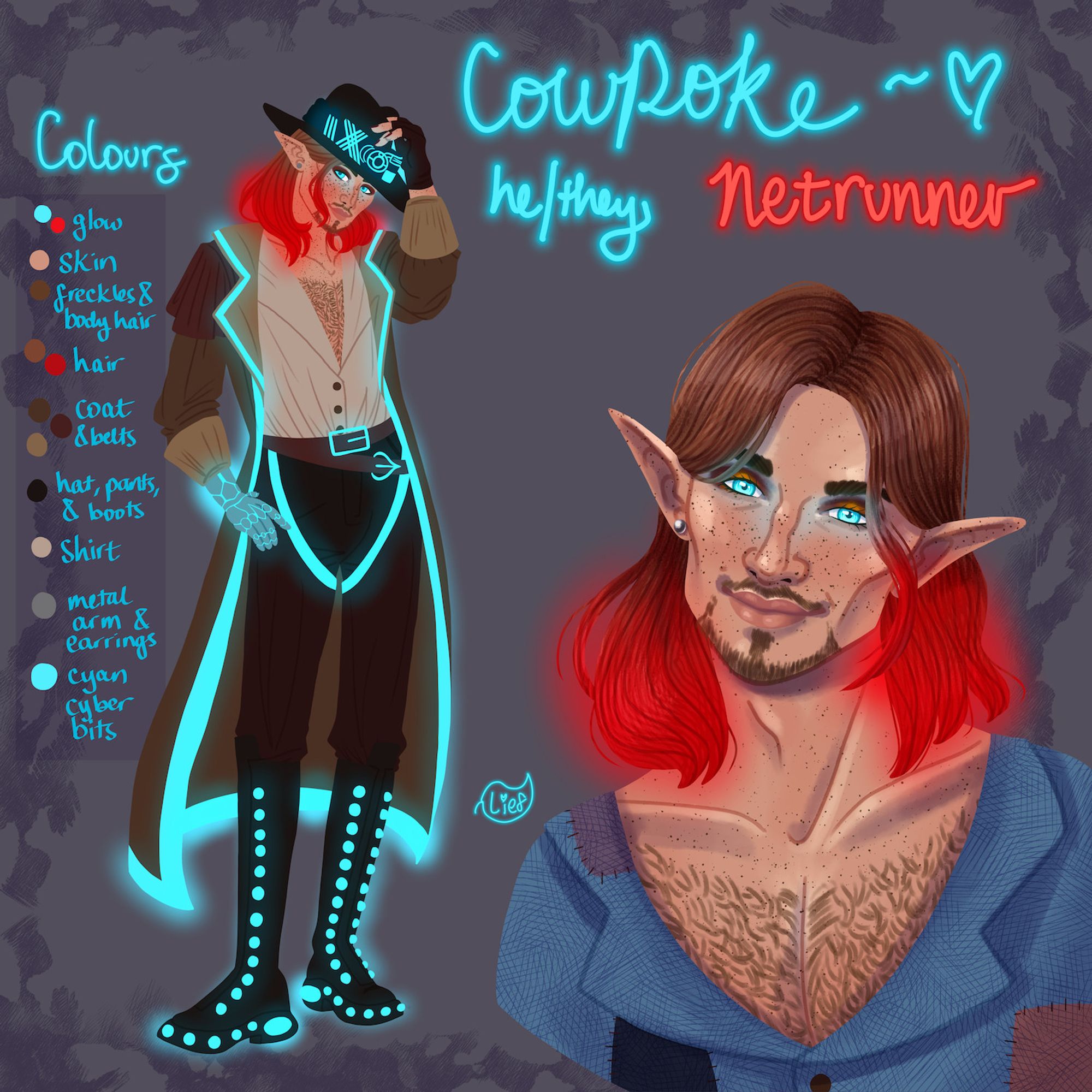 A reference sheet for my cyberpunk red oc, Cowpoke, who is a Netrunner. The sheet includes a rendered bust, a flat-colour full body, and a list of colours and their corresponding part of his design. Cowpoke is a light-skinned person with elf ears, brown hair that turns to glowing red at the ends, and short brown facial hair. He has glowing blue irises and is smiling at the viewer in both the portrait and fullbody. They have a Western cowboy aesthetic mixed with aspects of cyberpunk - mostly cyan glowing lighting. His right arm is also a metal cyber arm, and his virtuality goggles are stored on his cowboy hat, which he tips in the fullbody drawing.