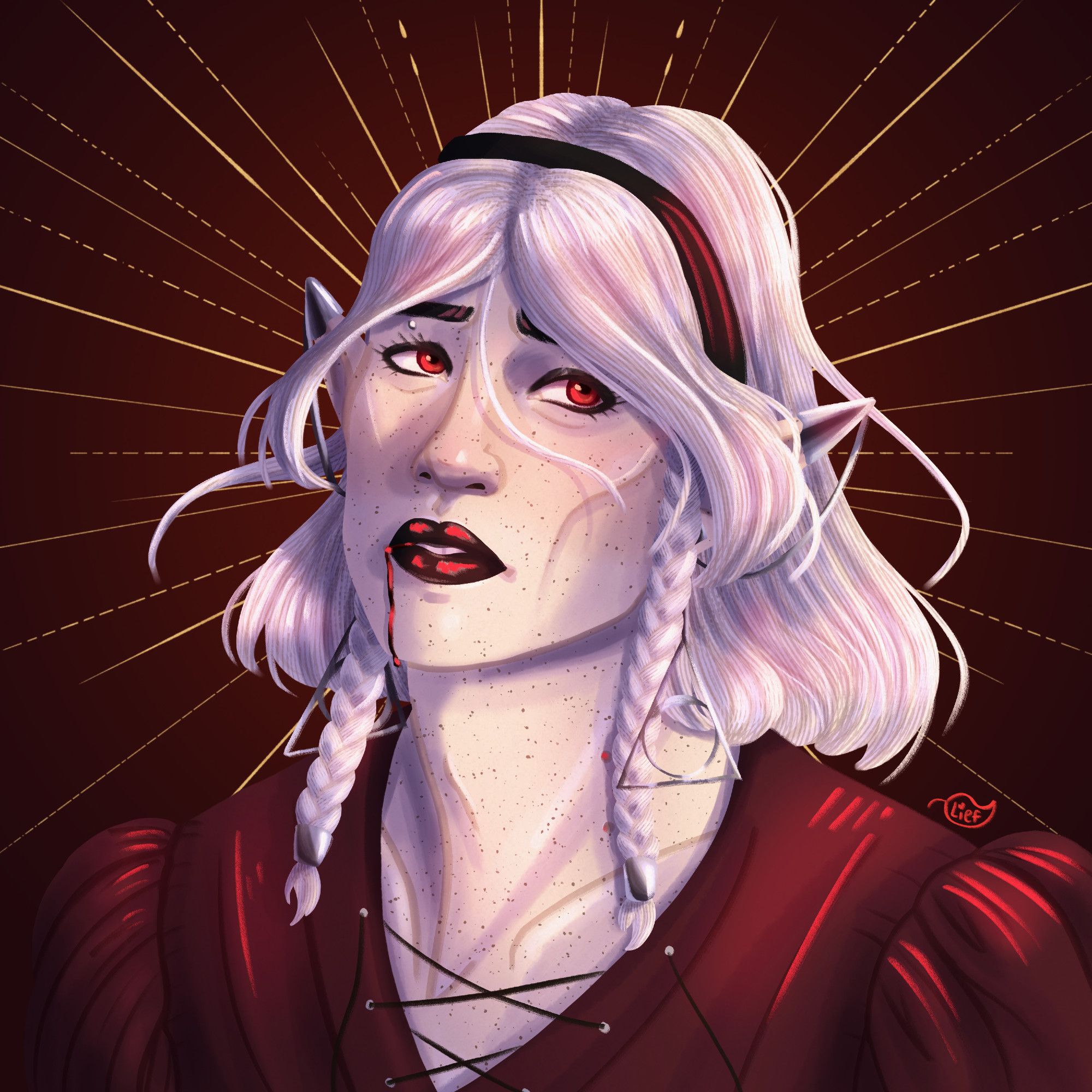 A digital rendered portrait of a pale young elf man gazing solemnly up and to the right with red eyes, his mouth slightly open and blood dripping down his chin. He has white hair and wears a poofy crimson shirt with a deep v-neck. He also has two longer braids at his temples, and wears a black headband. He wears earrings that are triangles with circles inside them, a simplification of the symbol of Myrkul. He has black lipstick and eyeshadow, and there are red accents across the piece. The background is dark red except for a golden sunburst halo emanating from him.