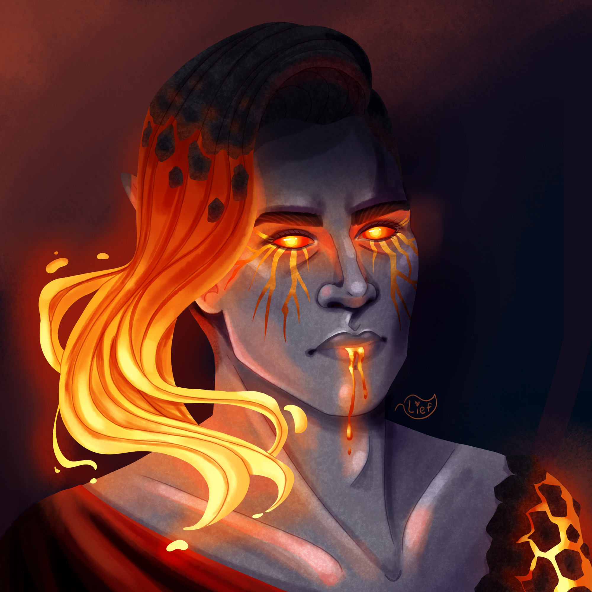 A digital rendered portrait of a fire genasi elf looking emotionlessly at the viewer. He has lava hair and eyes, and one lava shoulder, as well as lava pouring from his mouth. Around his eyes are magma cracks. Where the lava meets his grey rocky skin are raised cooled lava rocks, except at his eyes and mouth. He wears a draped red shirt over one shoulder. The lava glows against a dark background.