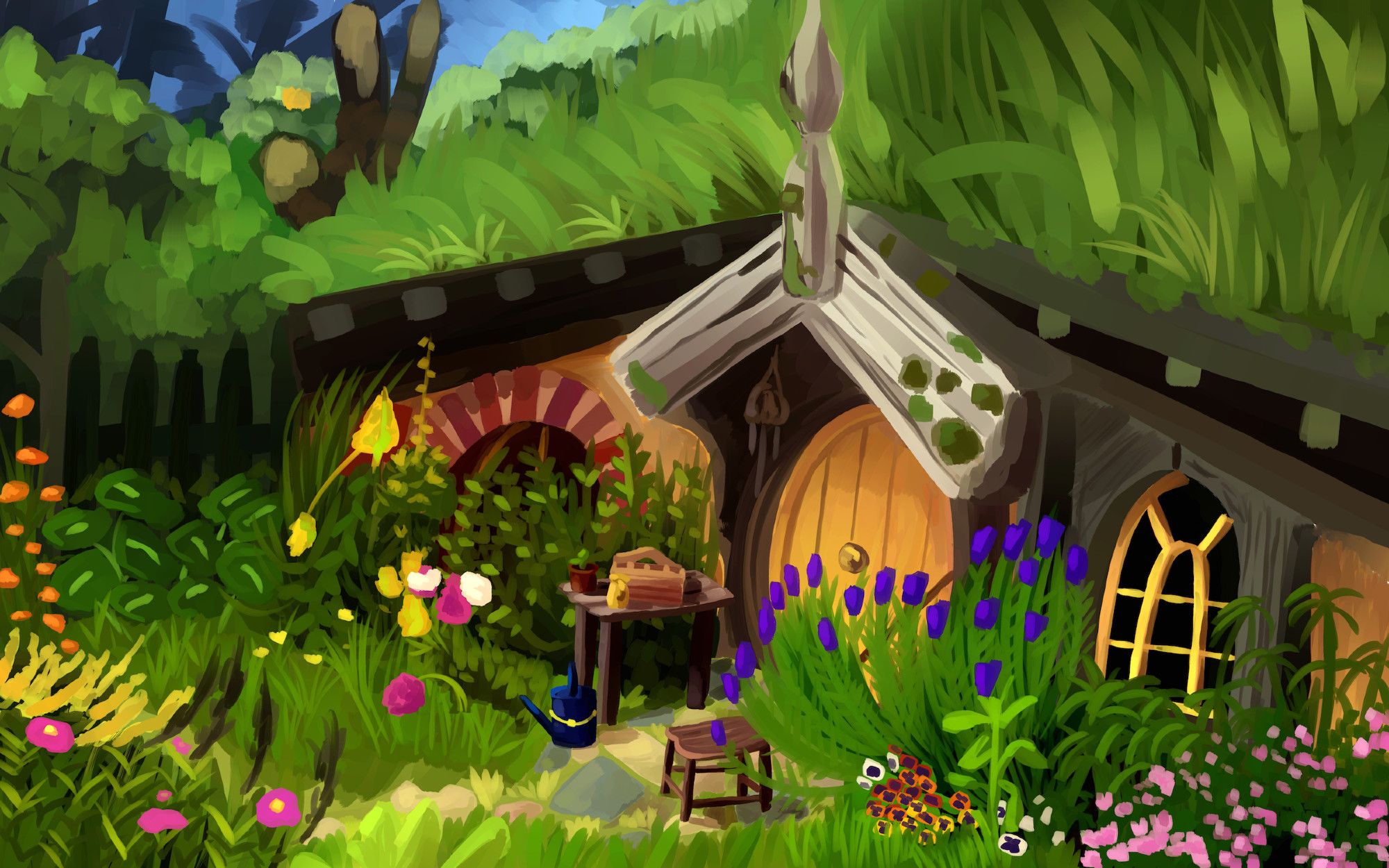 A painterly digital art landscape of a yellow-doored hobbit home surrounded by colourful flowers.