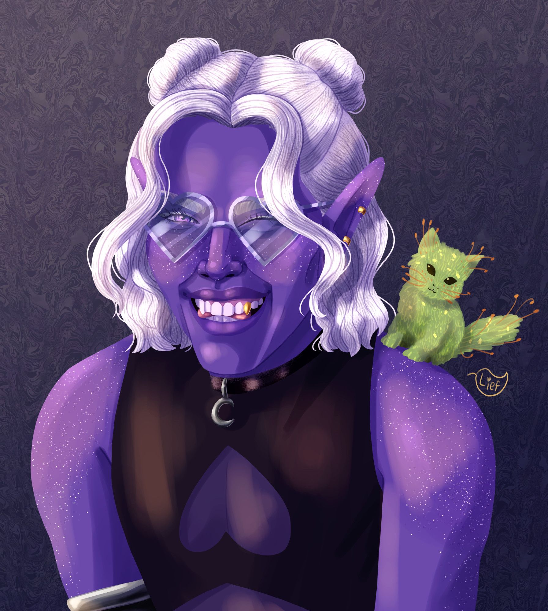 A rendered digital bust portrait of a young drow man with purple skin and white hair smiling cheekily at the viewer. He is winking and smiling with his tongue between his teeth. On his shoulder sits a moss kitten. The drow man wears a sleeveless cropped turtleneck with an upside down heart-shaped cutout on the chest, as well as a choker with a silver crescent moon, and heart-shaped blue-tinted sunglasses. His white shoulder-length hair is half-up half-down in two space buns. One of his fangs is golden.