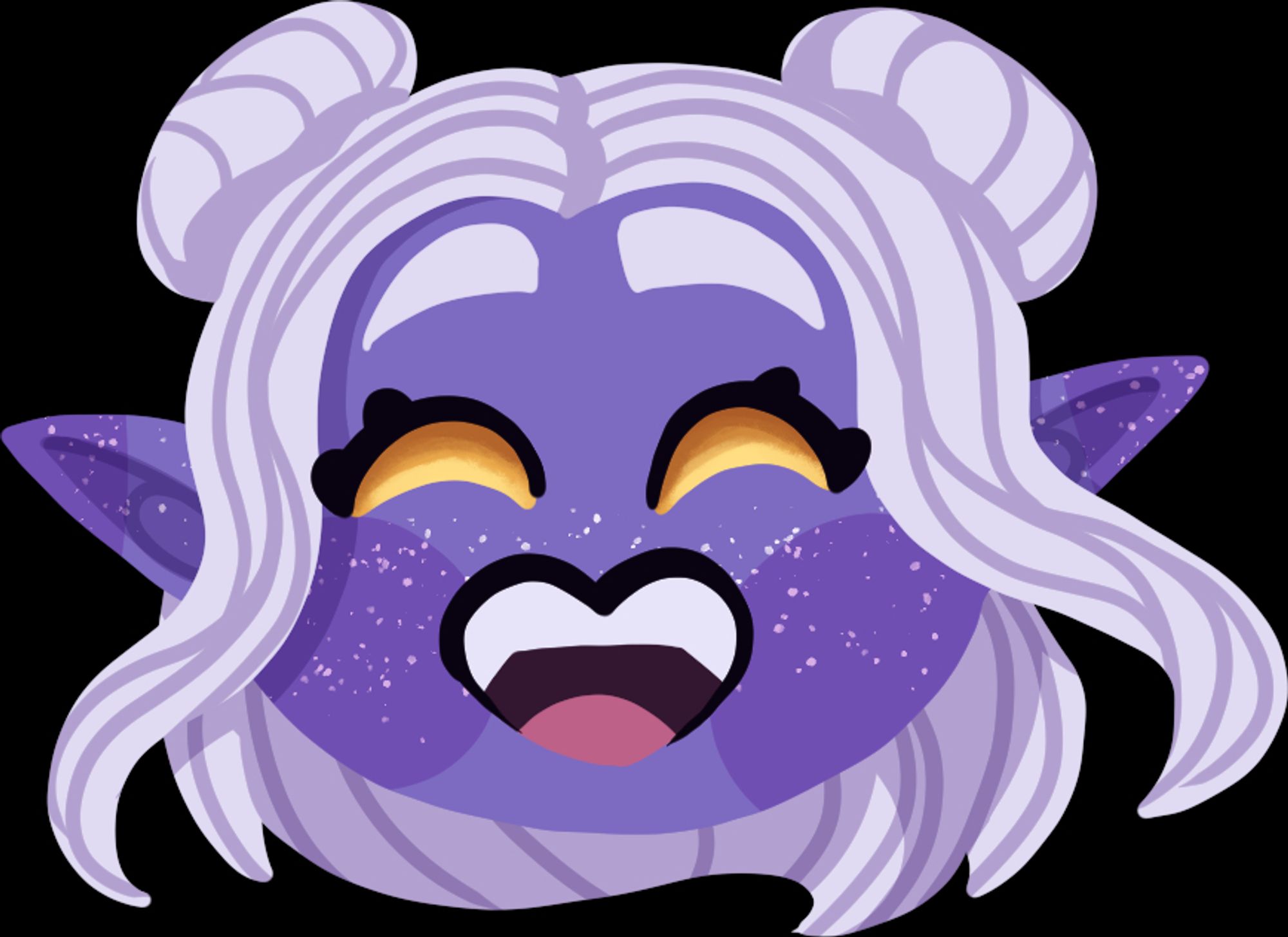 An emoji of a lighter purple drow with yellow eyes and white hair pulled into space buns, half up half down. He is smiling and his mouth forms a heart.