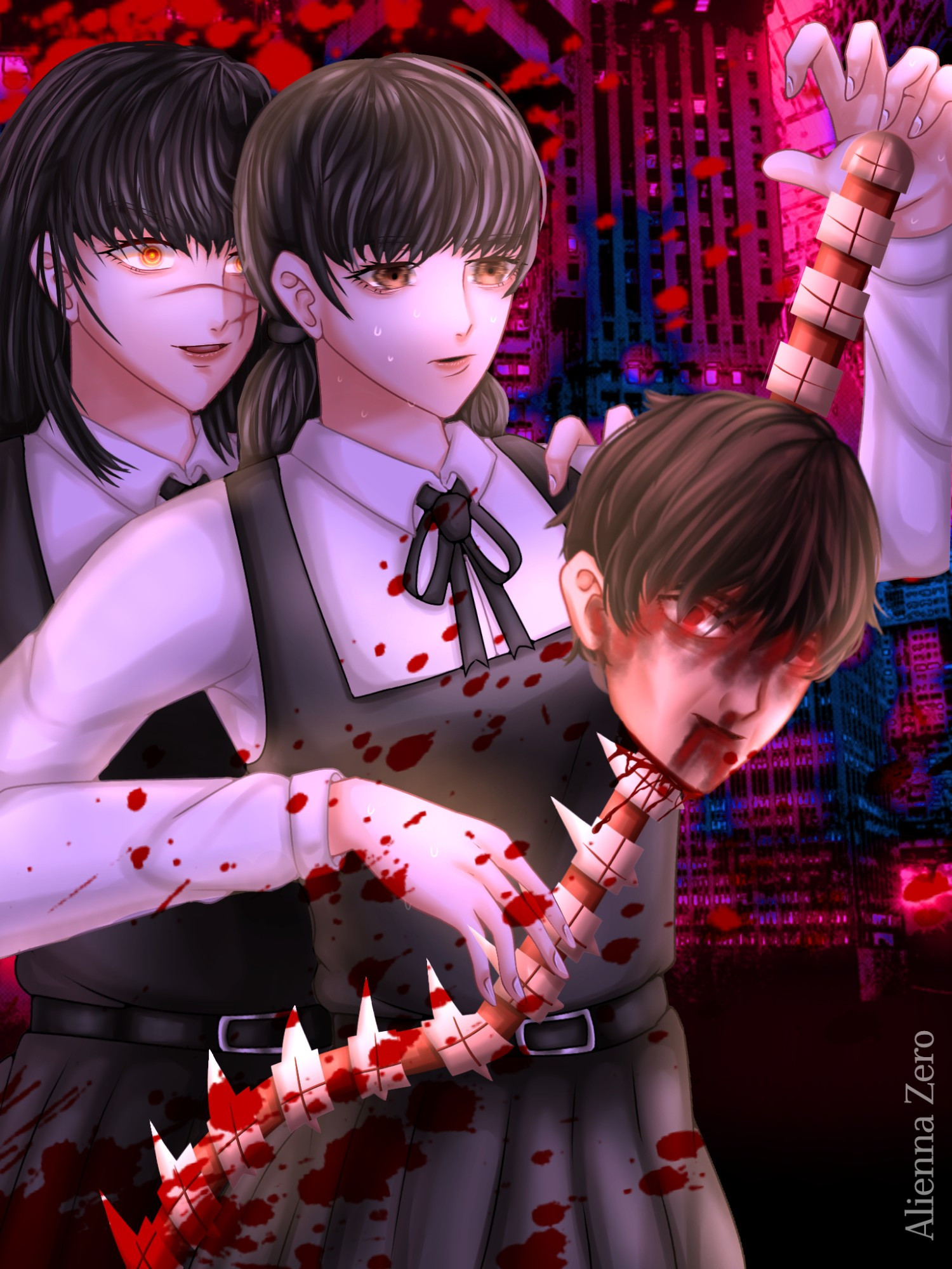 A drawing of Asa (right) and Yoru (left) holding her teacher's spinal cord sword in bloody dark outside down city settings with shady effects.