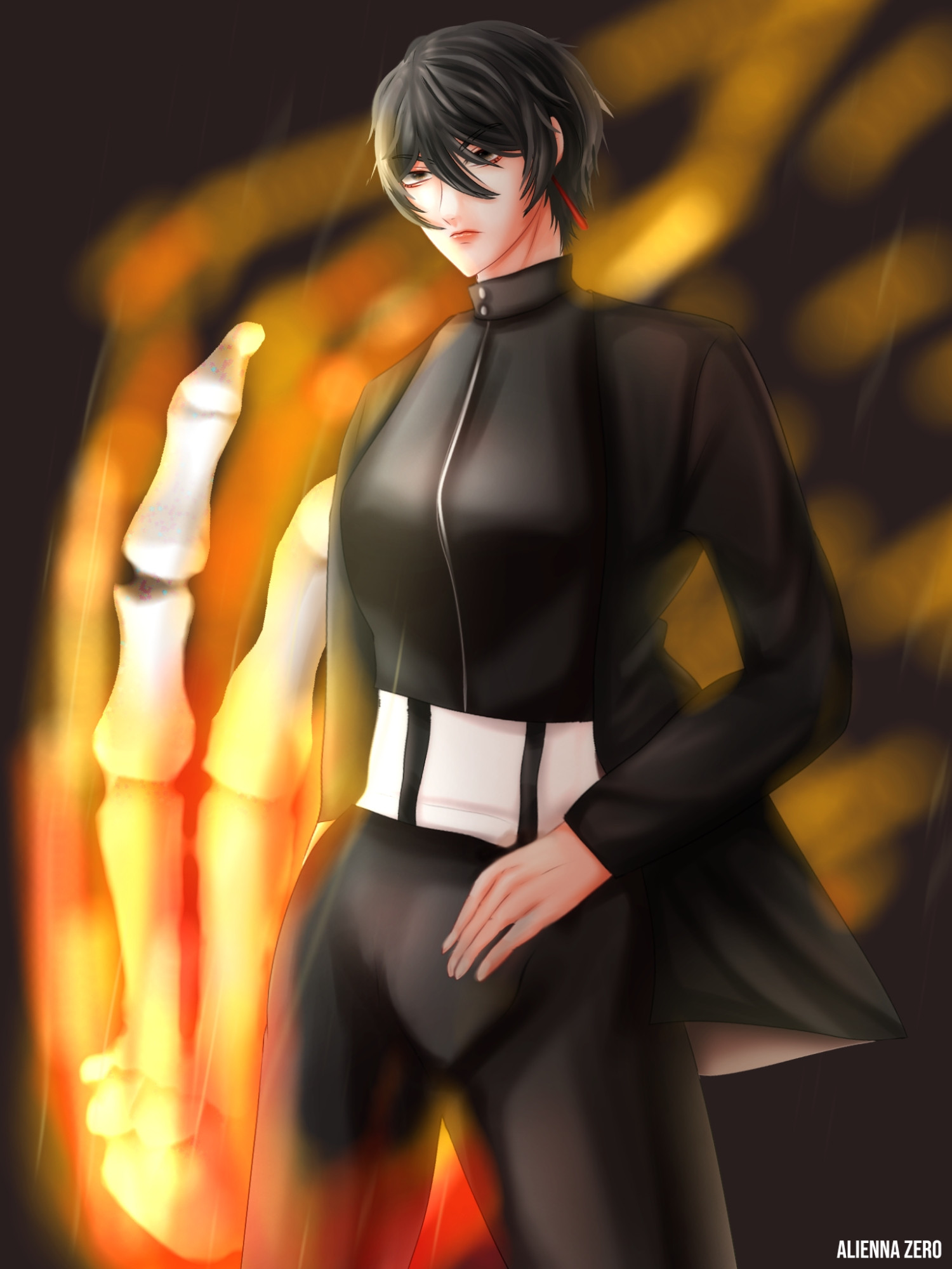 A drawing of Hiyuki Kagari from Kagurabachi with her ignited flame bones and dark background. She's posing calmly with no smile on her face .