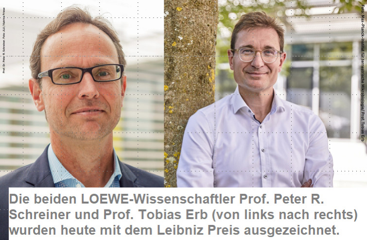 Mit demLeibniz Preis sozusagen "dem Deutschen Nobelpreis“ für Wissenschaftler in Marburg und Gießen wurden die oben auf dem Foto zu sehenden LOEWE-Wissenschaftler Prof. Dr. Peter R. Schreiner (Uni Gießen) und Prof. Dr. Tobis Erb (Uni Marburg) am 7.12.2023 ausgezeichnet: Wir gratulieren!