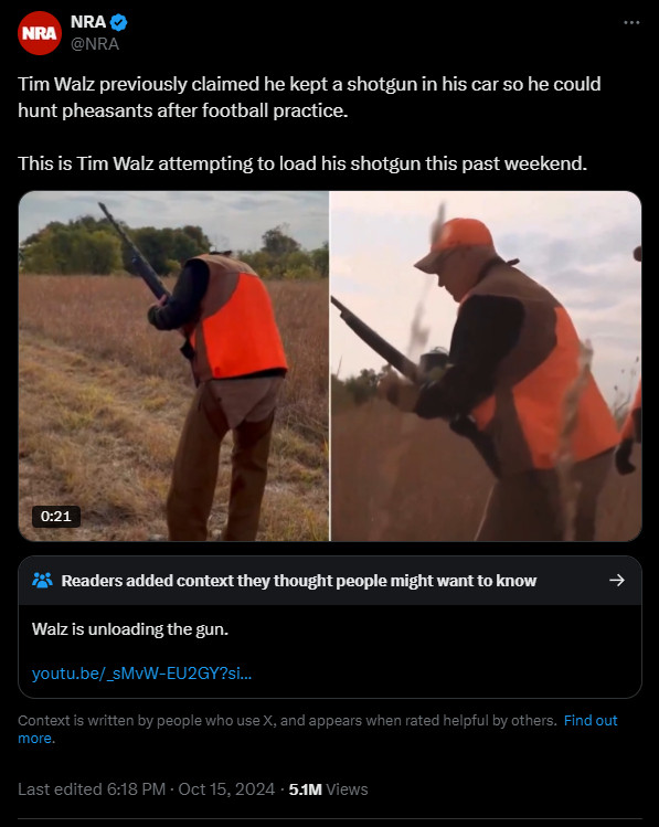 NRA post on X with a video of Tim Walz "attempting to load his shotgun" set carnival music. As a community note says, "Walz is unloading the gun," with a link to a video showing the process.