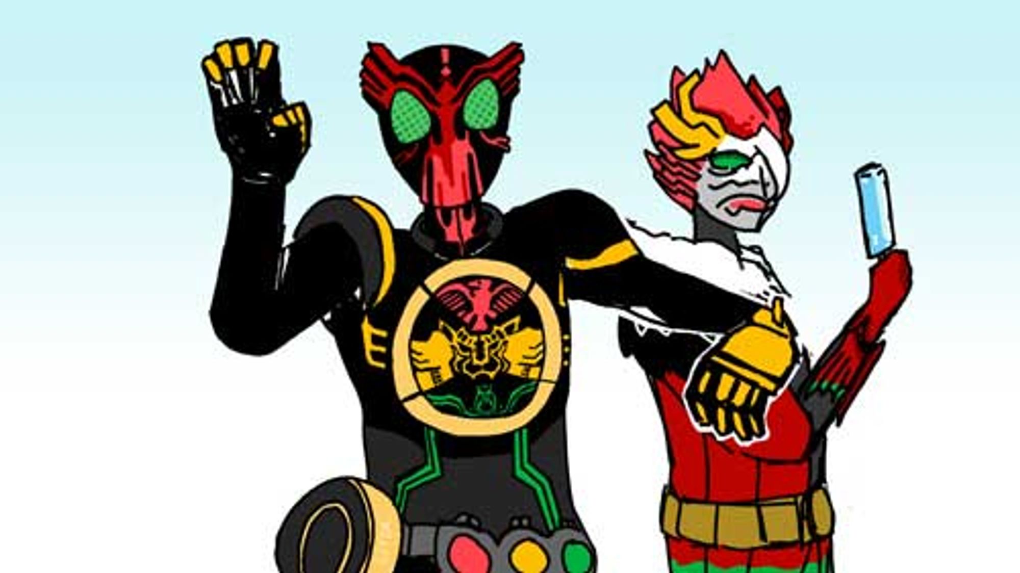 Kamen Rider OOOs and Ankh in his full form posing. OOO is striking a clawing pose while Ankh is eating an blue popsicle.