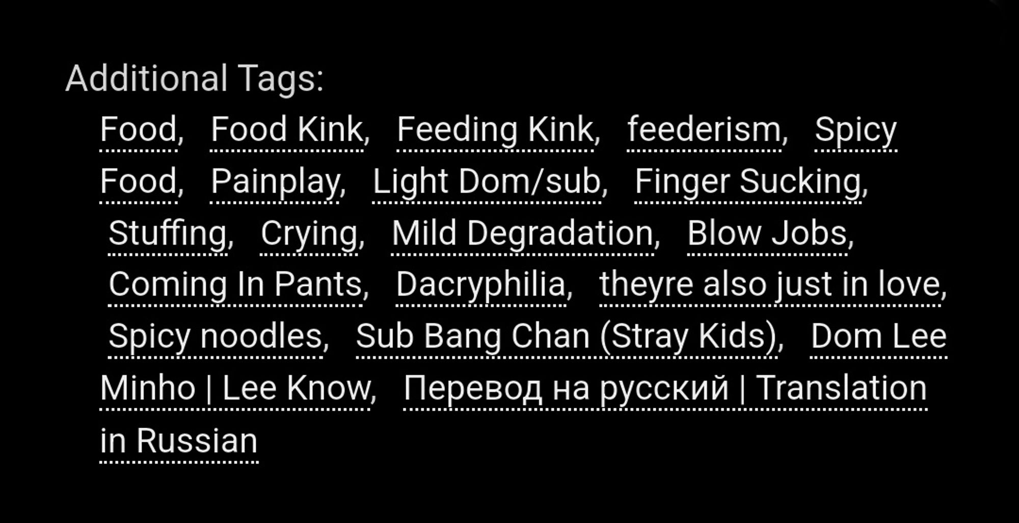 Additional Tags:
Food, Food Kink, Feeding Kink, feederism, Spicy Food, Painplay, Light Dom/sub, Finger Sucking, Stuffing, Crying, Mild Degradation, Blow Jobs, Coming In Pants, Dacryphilia, theyre also just in love, Spicy noodles, Sub Bang Chan (Stray Kids), Dom Lee Minho | Lee Know, Перевод на русский | Translation in Russian