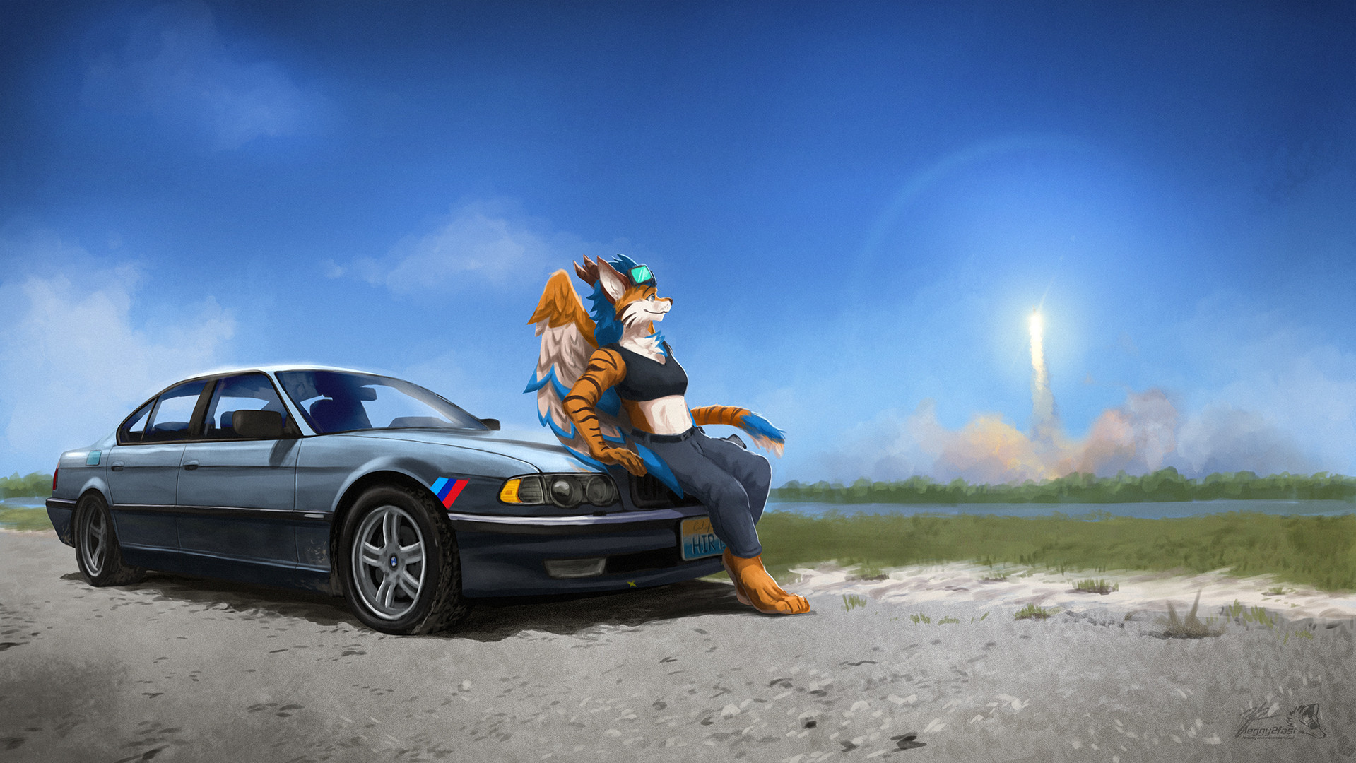 Illustration of Rish's character sitting on the hood of hir E38. The car is parked on a gravel road in Cape Canaveral, and it's possible to spot a rocket launch in the background.