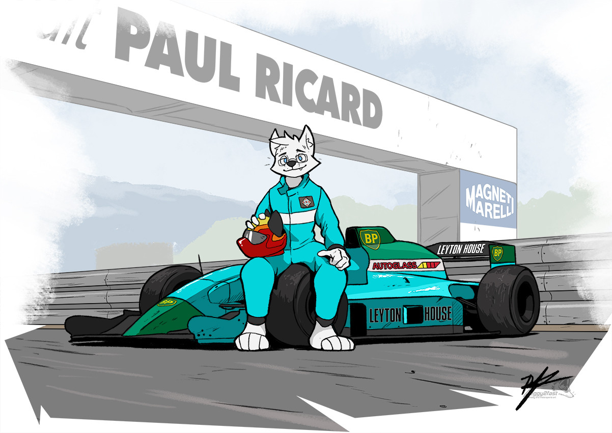 Toon-style illustration of a Leyton House CG901 with North's character sitting on its front left wheel. The character is holding a Mauricio Gugelmin-inspired helmet. The background shows the Paul Ricard circuit bridge.