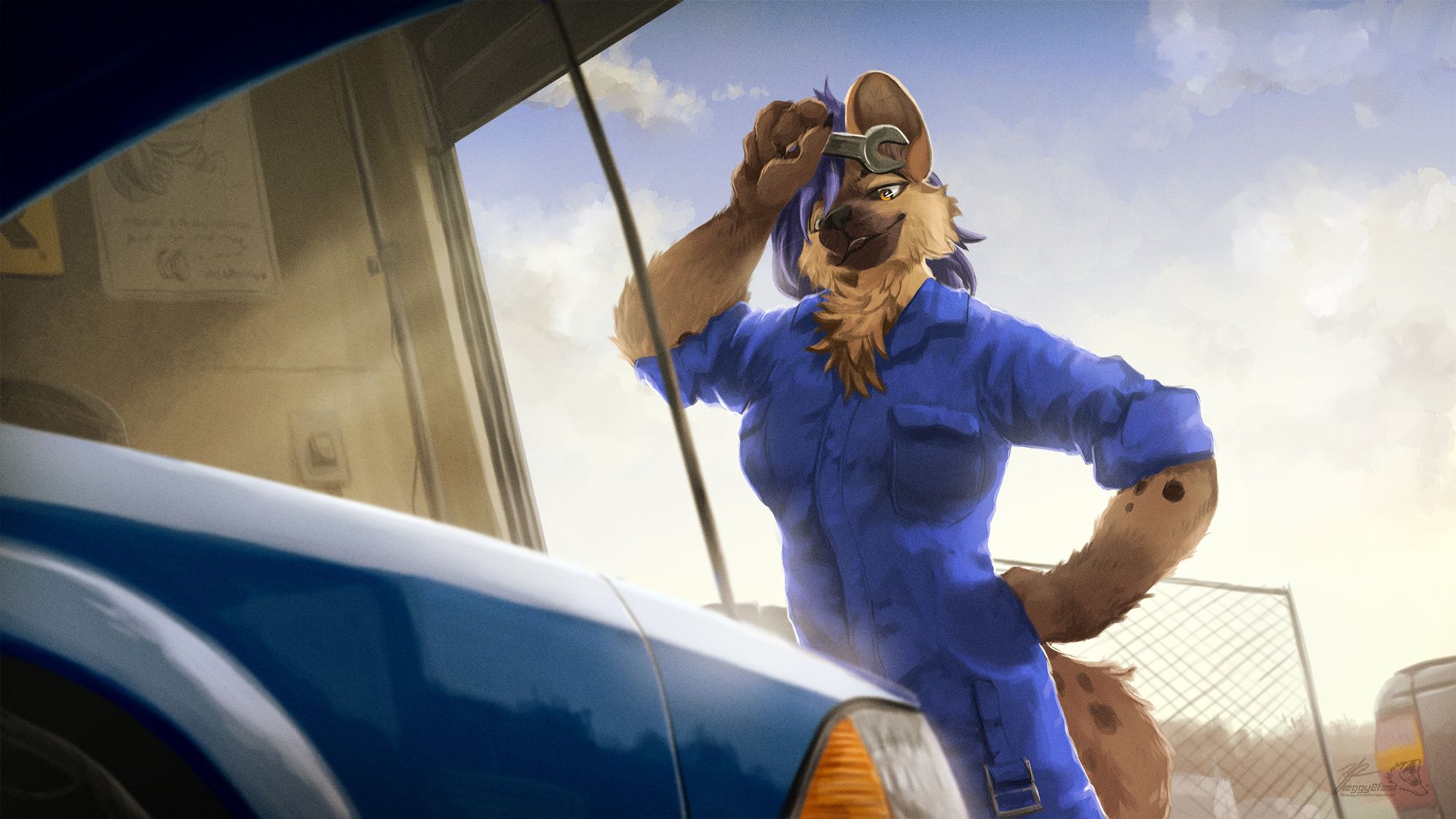 Illustration of a hyena character, dressed as a mechanic, wiping her forehead while holding a tool and looking down into the engine bay of a blue Fox-body. The scene is illuminated as a late afternoon.