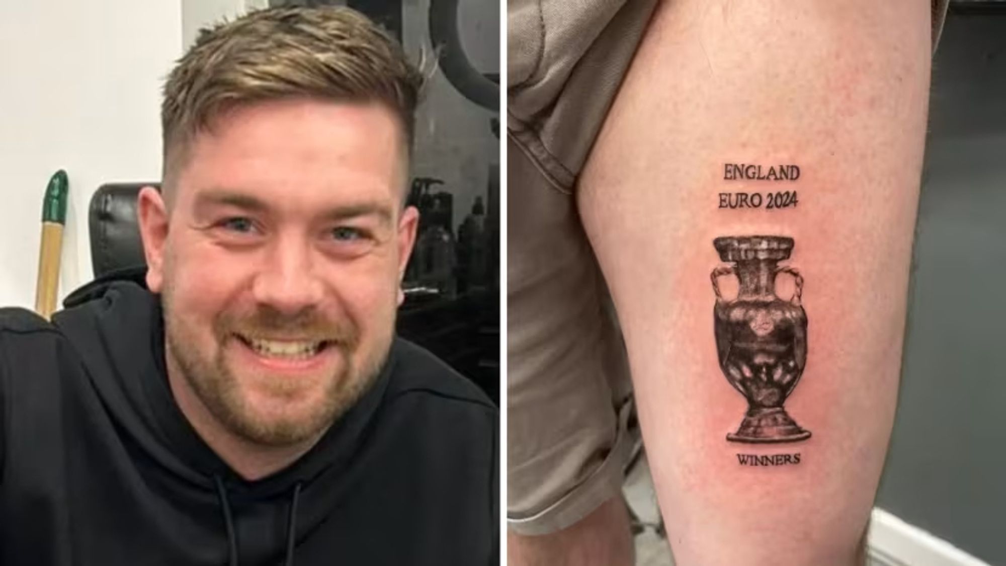 A man who decided to be tattooed with "England Euro 2024 Winners".