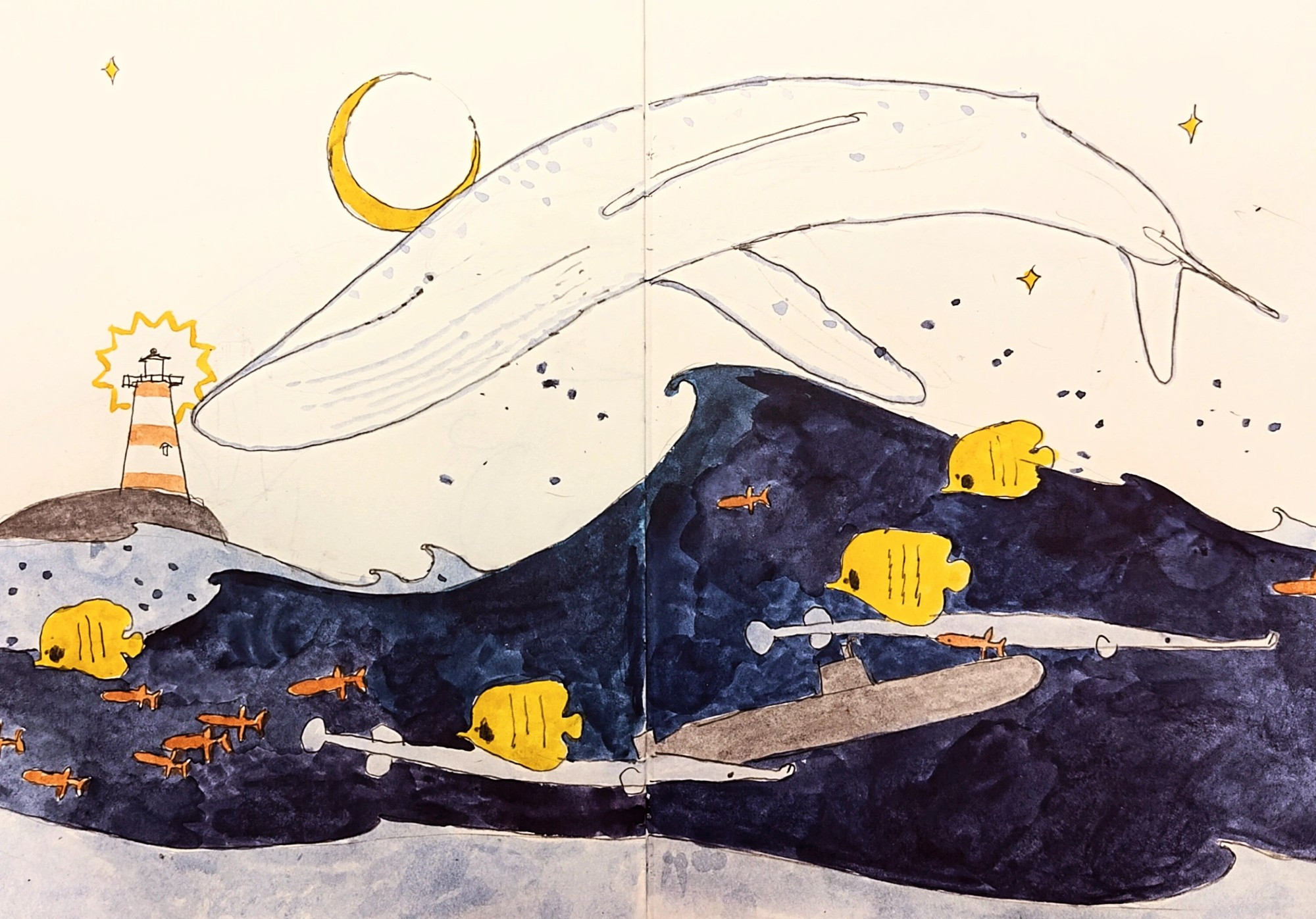 watercolour sketch of a stylized ocean in a sort of picture book style – a white whale jumping in the air above deep blue waves, among the waves are yellow tropical fish, some lil red fish + some long blue guys, a submarine. in the distance is a lighthouse and the moon.