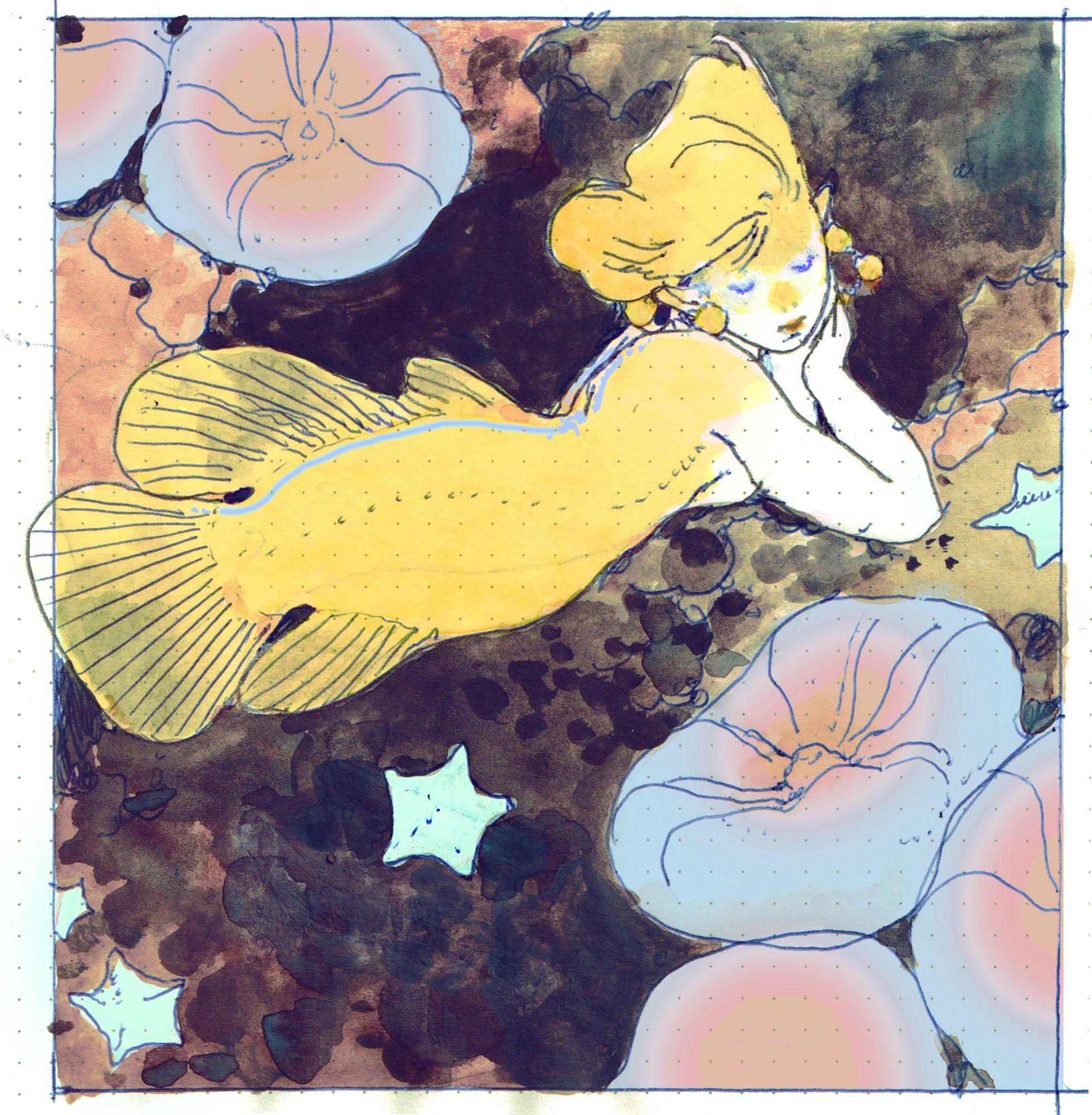 a watercolur/digital painting of a small mermaid, based on the yellow  'clown goby' fish. she is surrounded by corals & starfish