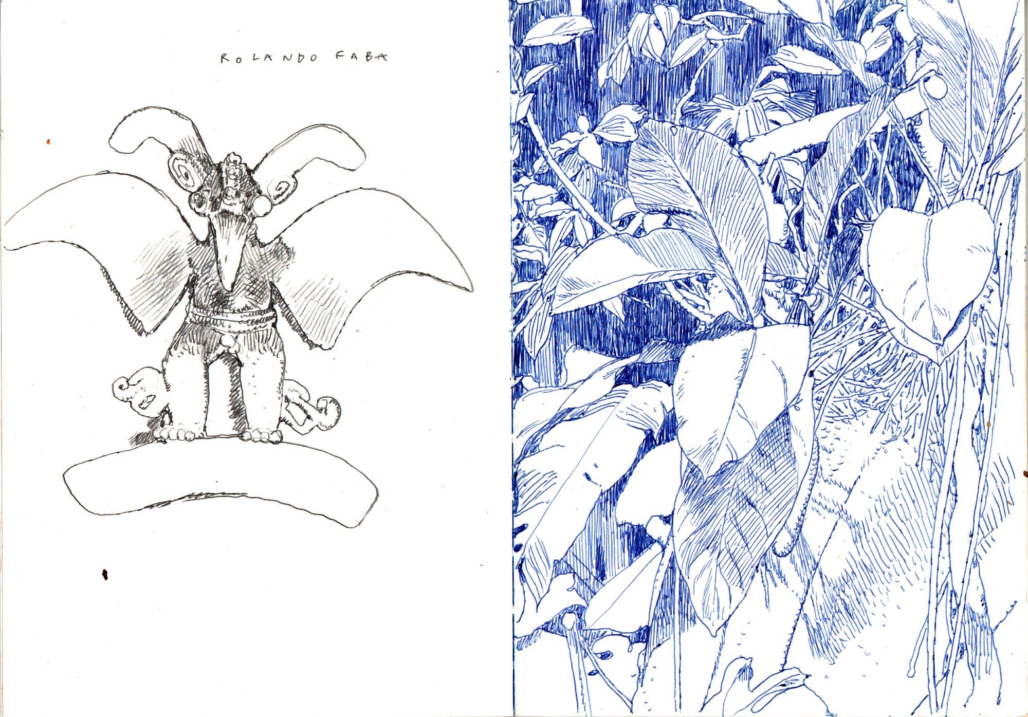 sketches in a sketchbook: to the left a graphite sketch costa rican gold figurine of a bird-man sort of creature from pre-columbian times. to the right a blue ballpoint sketch of an anthurium plant growing on a tree.