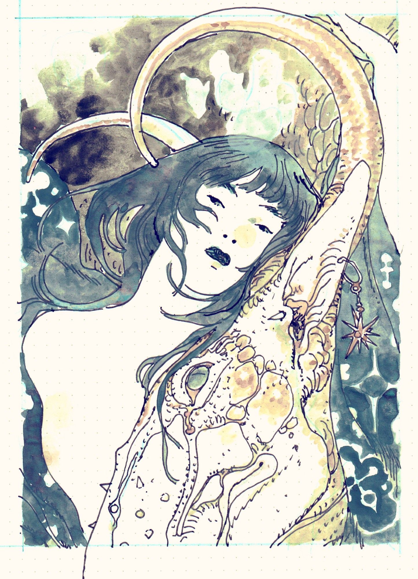 watercolour painting with some photoshop editing depicting a blue-haired fantasy girl and a golden dragon