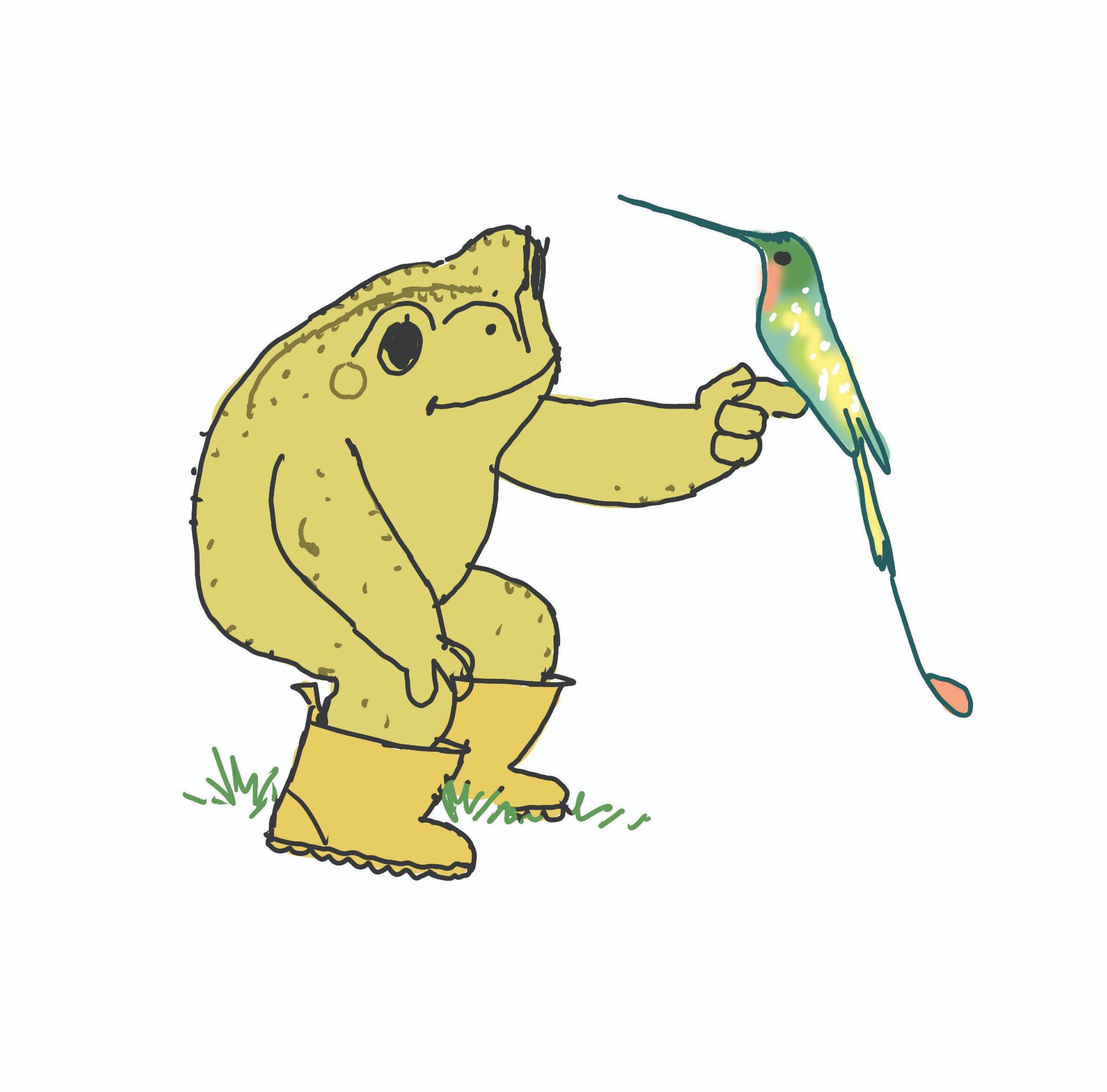 an anthropomorphic toad, wearing yellow rubber boots, contemplating the super tiny hummingbird perched on his hand. the bird is green and pink and sparkly