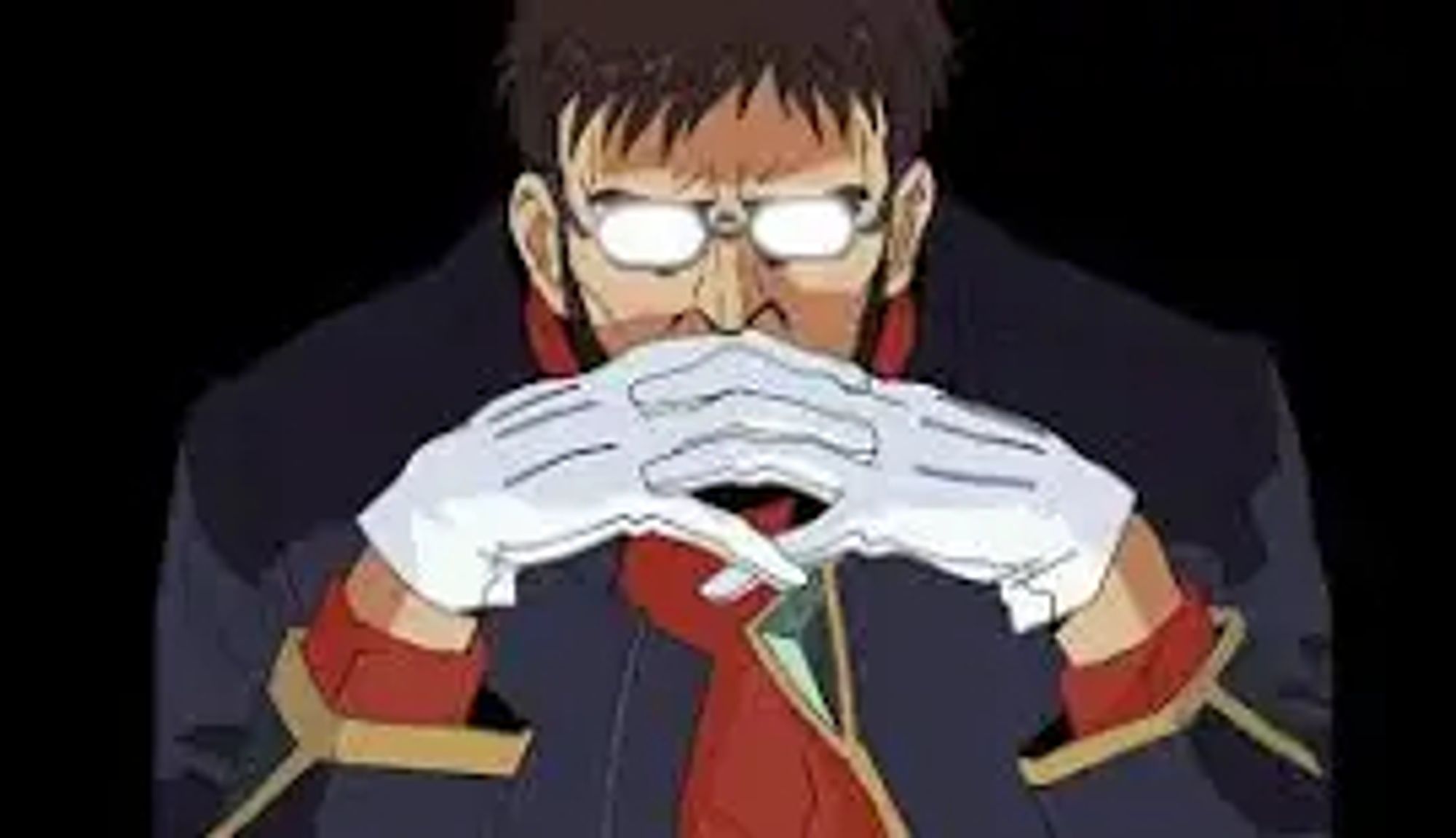 Gendo Ikari from Evangelion in his classic "save money on lipsynch animation" post with his fingers interlaced in front of his mouth, glasses glowing with reflected light (and saving money on animating his eyes).