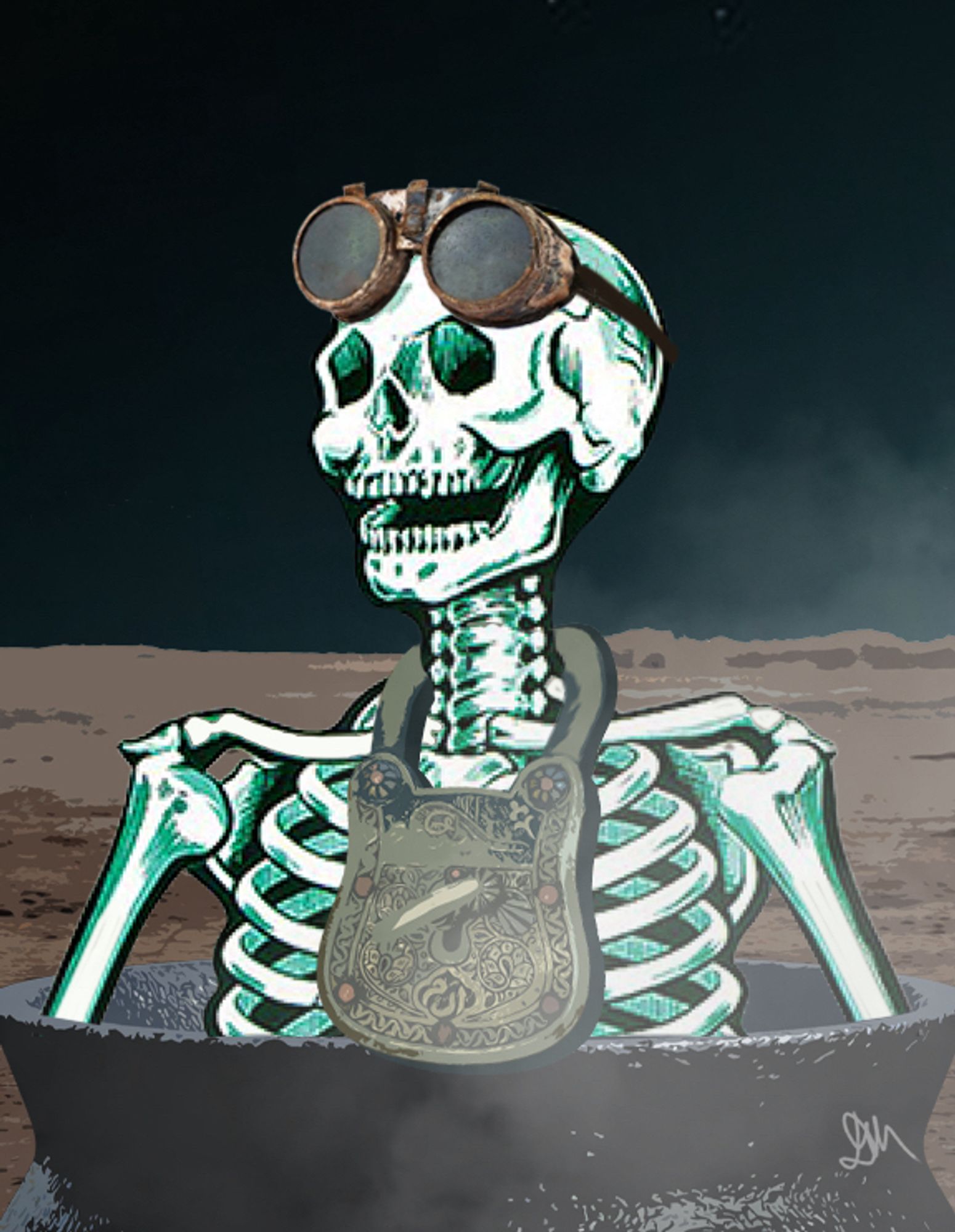 Collage of a paper skeleton, inside a cauldron with an old-fashioned padlock around its neck