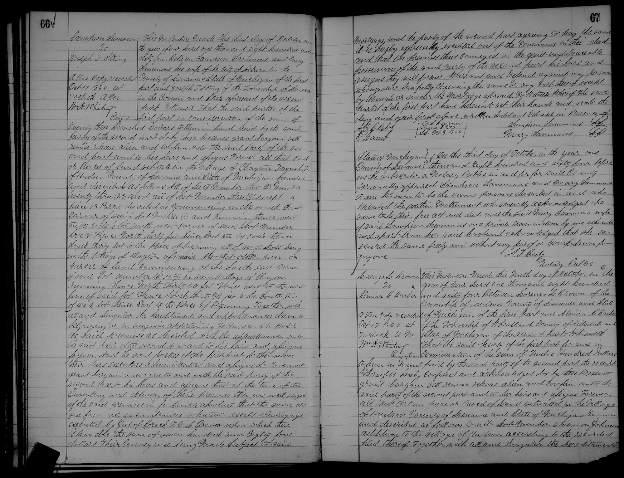 Handwritten Lenawee County, Michigan, deed documents from 1864 used for illustration. No transcription. 

Citation: "Lenawee, Michigan, United States records, Aug 4, 2018,” database, FamilySearch (https://www.familysearch.org/ark:/61903/3:1:3Q9M-CSRP-MPJ4 : accessed 29 February 2024) > Lenawee > Michigan > Deeds 1864-65 vol. 70-71 > images 38-39 of 812, 17 October 1864.