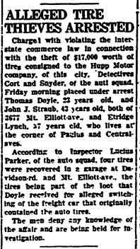 Black and white 1919 newspaper clipping about the theft of a boxcar full of tires in Detroit. 

“ALLEGED TIRE THIEVES ARRESTED,” Etridge Lynch arrested in Detroit, Detroit [Michigan] Times Extra, 19 September 1919, p. 1, col. 7; imaged, GenealogyBank (www.genealogybank.com : accessed 27 October 2022), “search terms: ‘Etridge Lynch,’ ‘1900-1935.’ ”