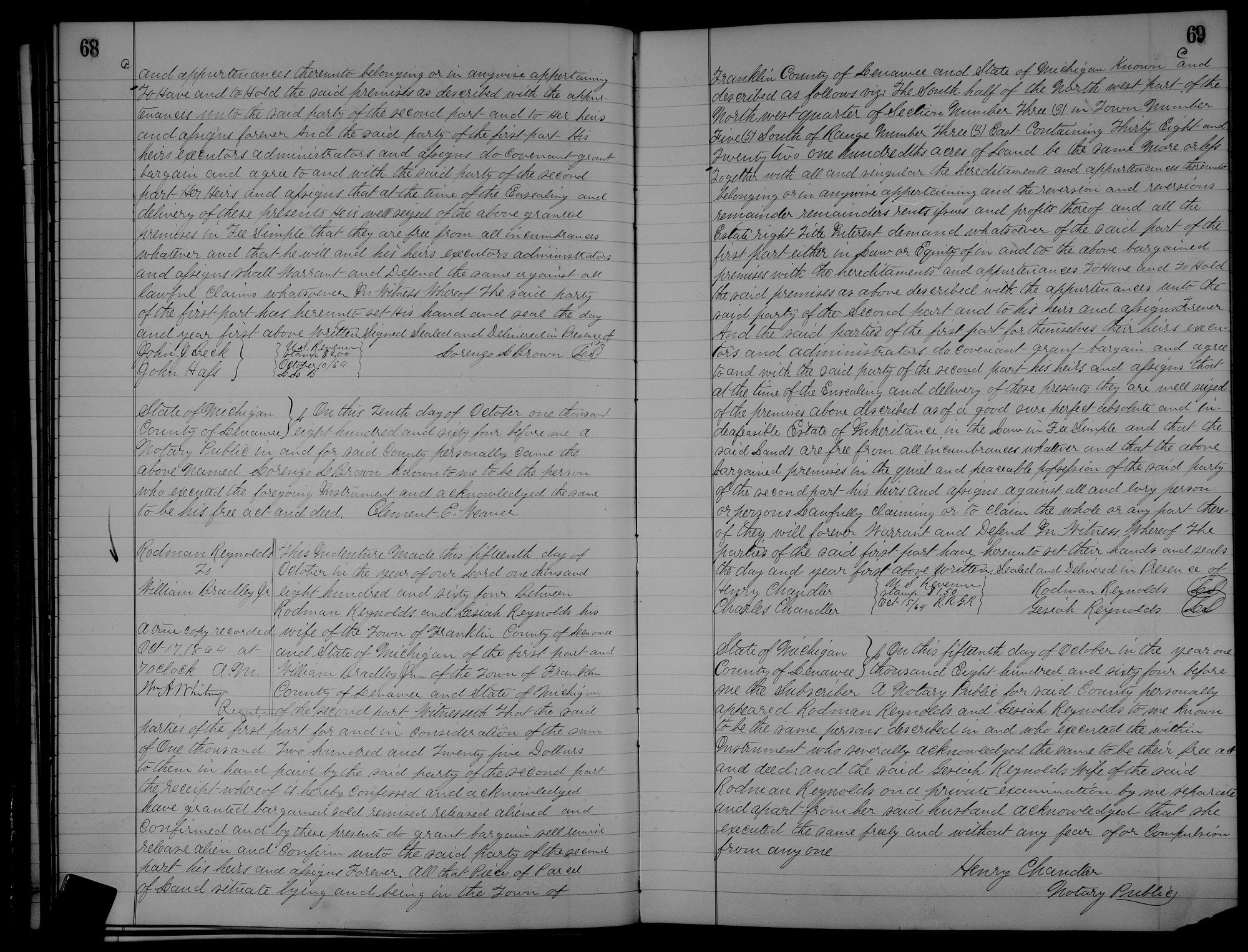 Handwritten Lenawee County, Michigan, deed documents from 1864 used for illustration. No transcription. 

Citation: "Lenawee, Michigan, United States records, Aug 4, 2018,” database, FamilySearch (https://www.familysearch.org/ark:/61903/3:1:3Q9M-CSRP-MPJ4 : accessed 29 February 2024) > Lenawee > Michigan > Deeds 1864-65 vol. 70-71 > images 38-39 of 812, 17 October 1864.