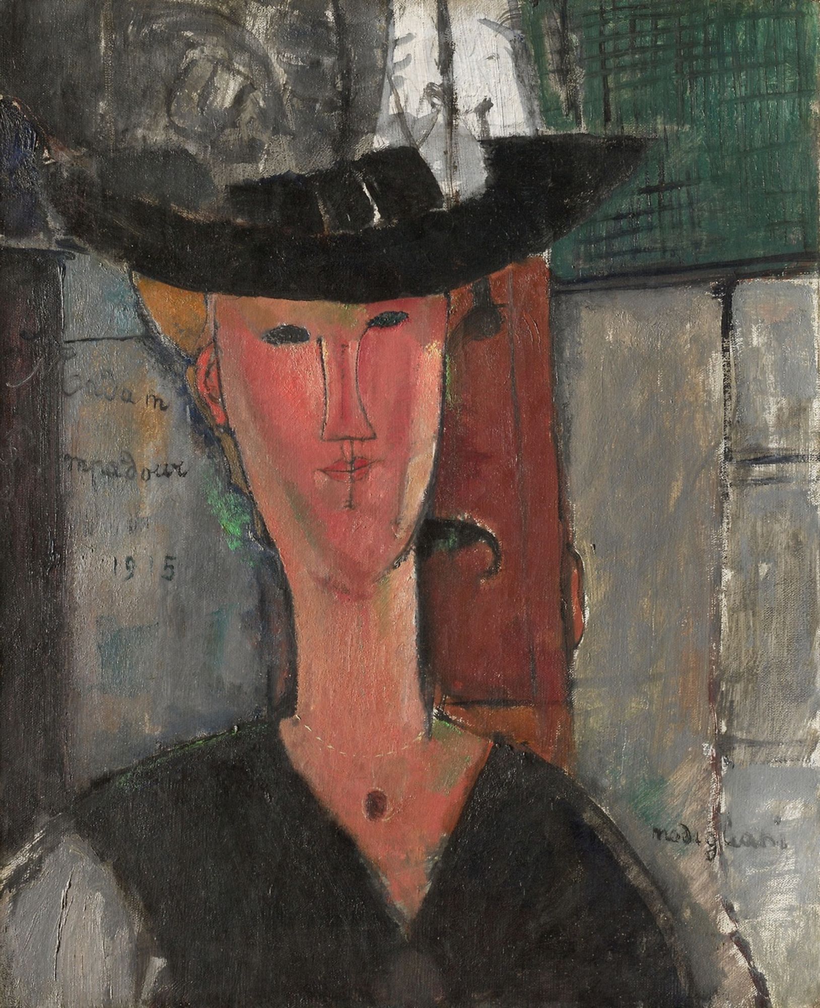 Born of Jewish parents in the Italian coastal town of Leghorn, Amedeo Modigliani settled in Paris in 1906, where he developed friendships with  Pablo Picasso , the poet Max Jacob, the sculptor  Constantin Brancusi, and other members of the literary and artistic avant-garde, many of whom appear in his portraits. He led a notoriously bohemian life, shortened by a self-destructive use of alcohol and drugs. Modigliani produced his finest paintings between 1914 and his premature death in 1920. Within a limited range of subjects, mainly portraits and nudes, he developed a highly distinctive style of sensitively elongated forms.In this portrait, Modigliani's emphasis is on a strong formal structure dominated by the grid in the background and the echoing curves of the sitter's hat, shoulders, and features. There is none of the pathos often associated with his work. The artist seems instead to have invested this portrait with a note of ironic detachment, even humor, reflected in both the title of the painting (which refers to Madame de Pompadour, mistress of King Louis XV of France) and the expression of amused inscrutability worn by the sitter. Were painter and sitter perhaps both amused by the flamboyant hat? Modigliani's skill in rhyming forms, while at the same time keeping us visually interested and slightly off-balance, is evident throughout the picture, which resonates with the lessons of  Paul Cezanne, Cubism, and African sculpture.The sitter for this portrait may well have been Beatrice Hastings, an English poetess who was Modigliani's mistress at the time. Because of the artist's tendency to generalize his sitter's features, however, a comparison of this portrait with others of Hastings is inconclusive.—Entry,  Margherita Andreotti, Art Institute of Chicago Museum Studies, Vol. 20, No. 2, The Joseph Winterbotham Collection at The Art Institute of Chicago (1994), p. 150-151.

Joseph Winterbotham Collection