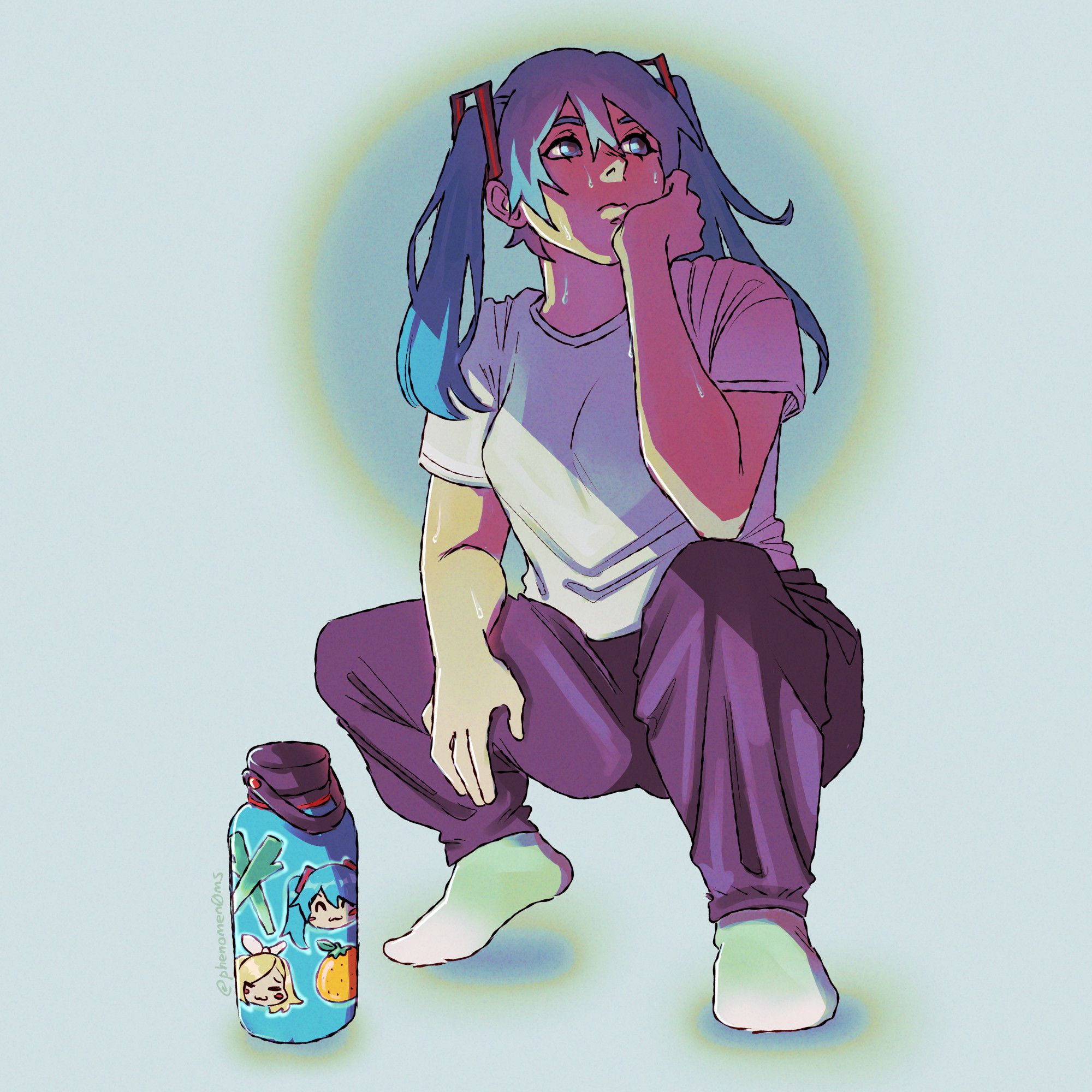 miku squatting next to her hydro w stickers of her and rin on it :3 <3