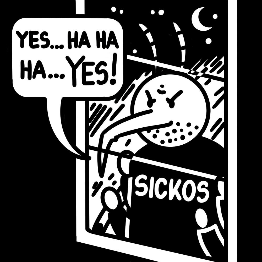 redraw of the sickos meme, where a dude stares through a window in the night wearing a black sickos shirt saying YES HA HA HA YES! but instead of a dude it is a mosquito.