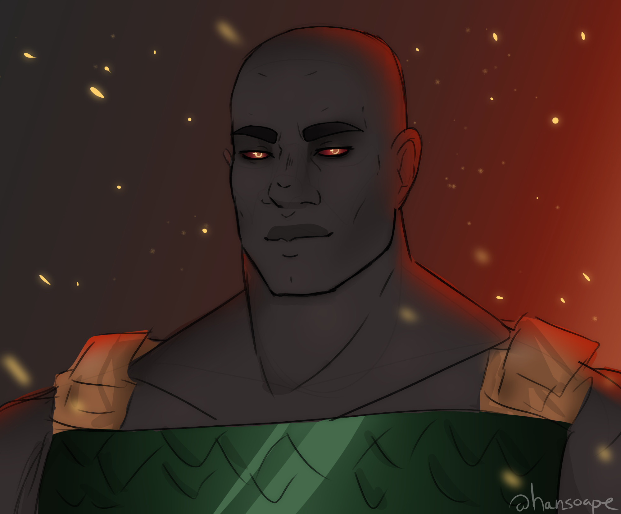 An art piece of primarch Vulkan, drawn from head to shoulders. There is a glow behind him, embers circling in the breeze.