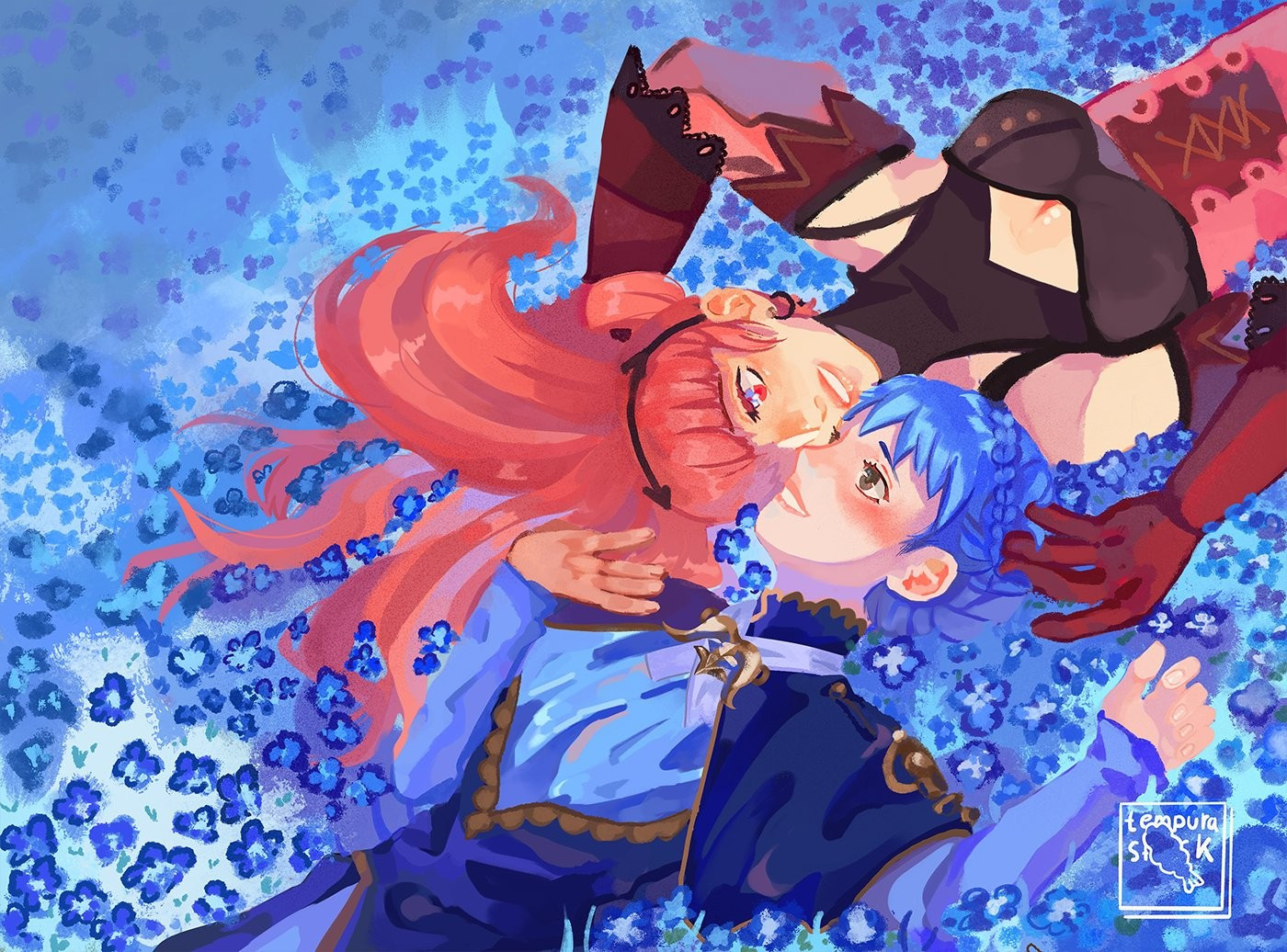 digital drawing of Hilda and Marianne lying on a field of blue flowers