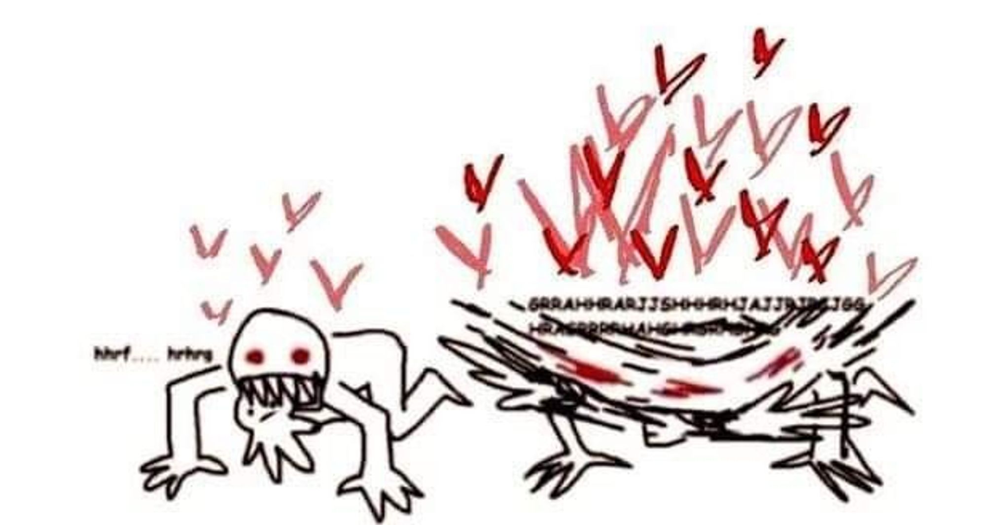 A meme of a simple human figure holding something in its sharp teeth and shaking it rapidly, surrounded by hearts. The vibe is obsession and cute aggression.