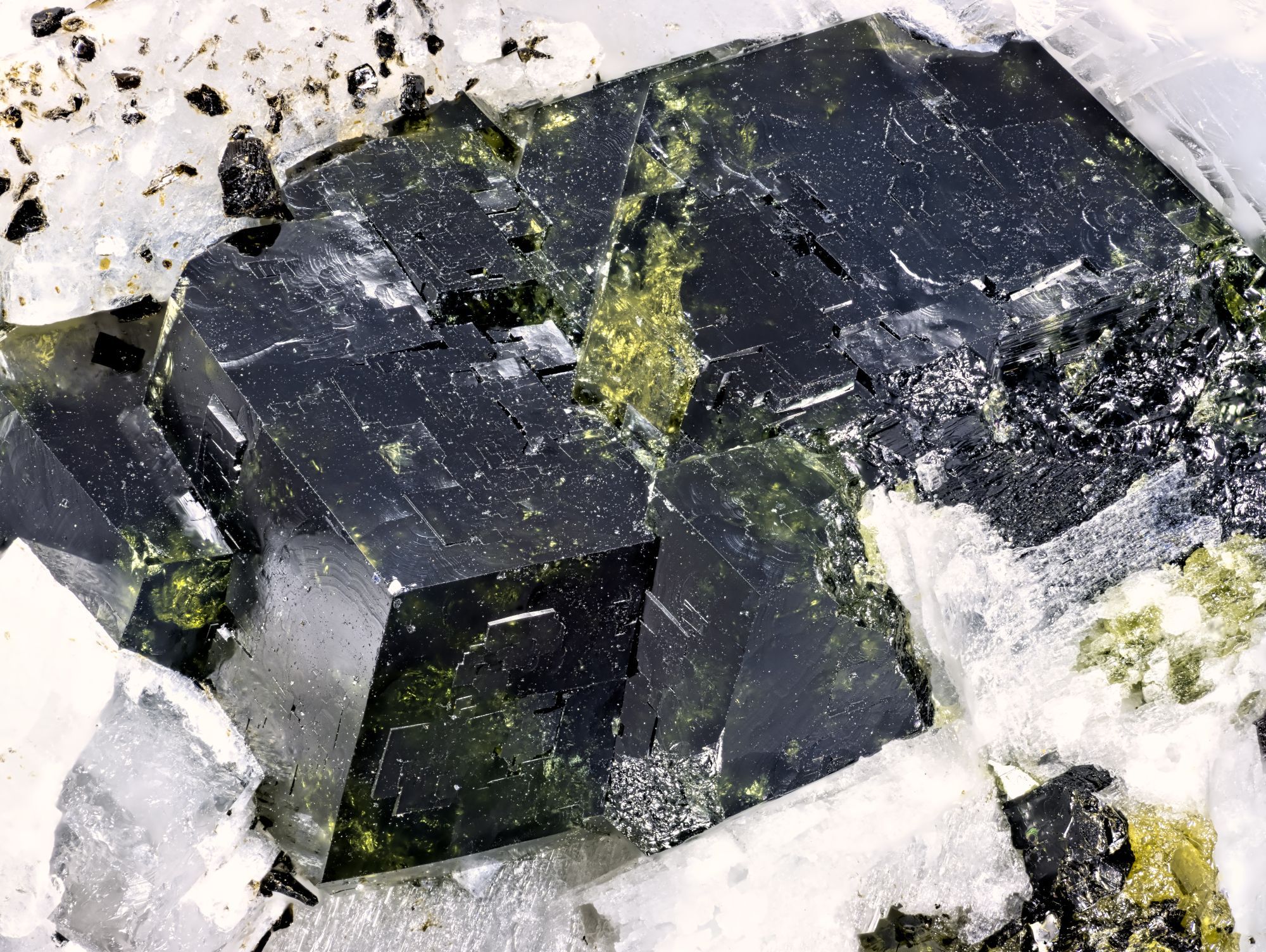 Intergrown dark green andradite crystals on a white matrix.