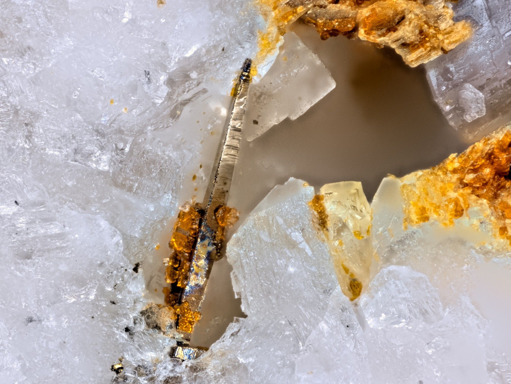 Single lustrous golden arsenopyrite on a white matrix with orange alteration products.