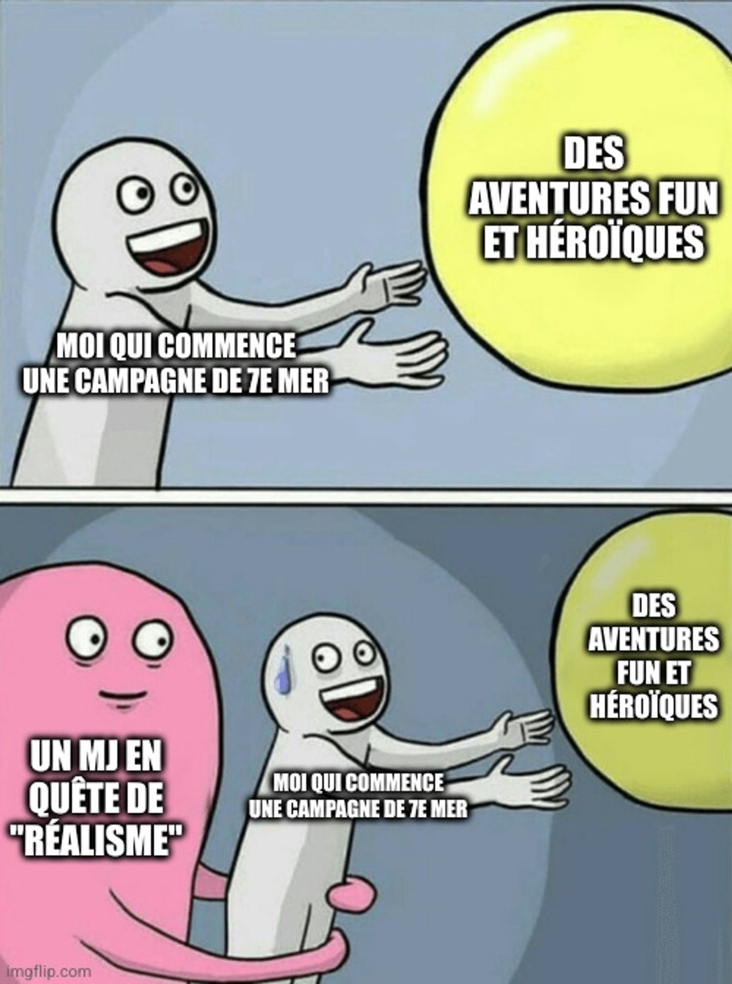 "Moi qui commence une campagne de 7e Mer" saisissant un ballon où est marqué "Des aventures fun et héroïques". Mais "Moi qui commence une campagne de 7e Mer" est ensuite entravé par "Un MJ en quête de réalisme"