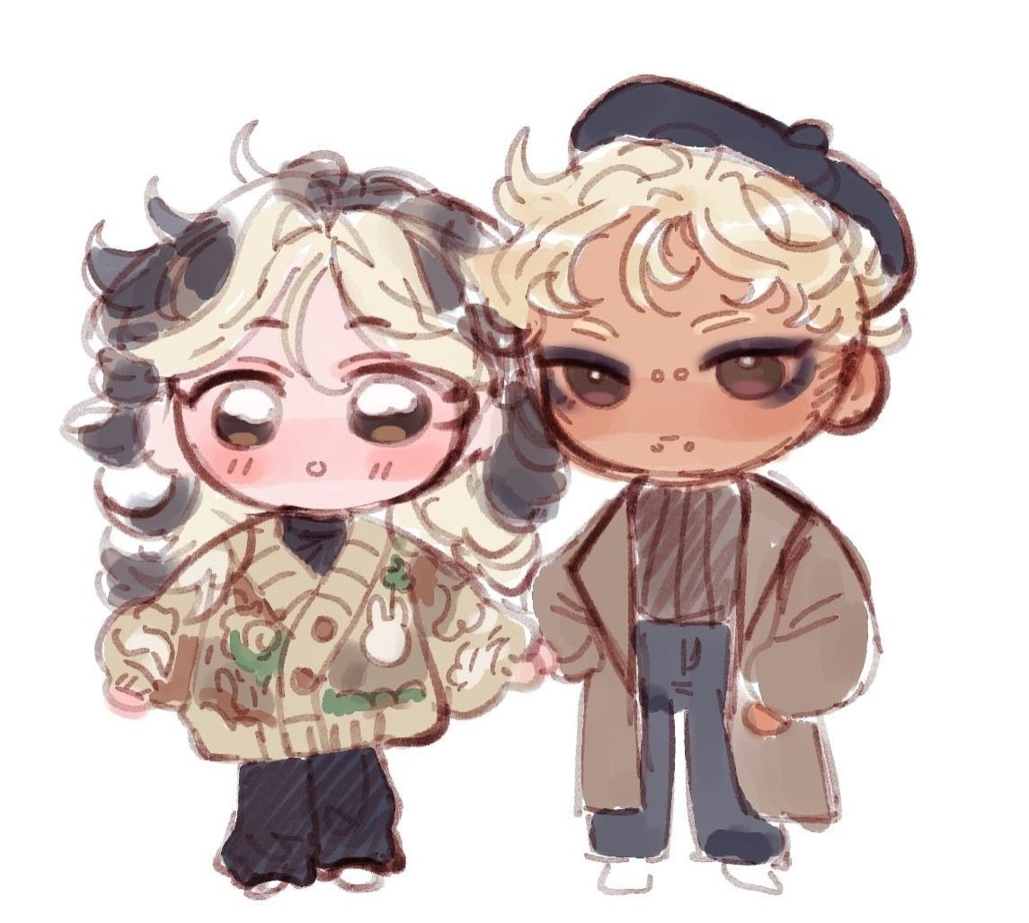 two chibi young people holding hands