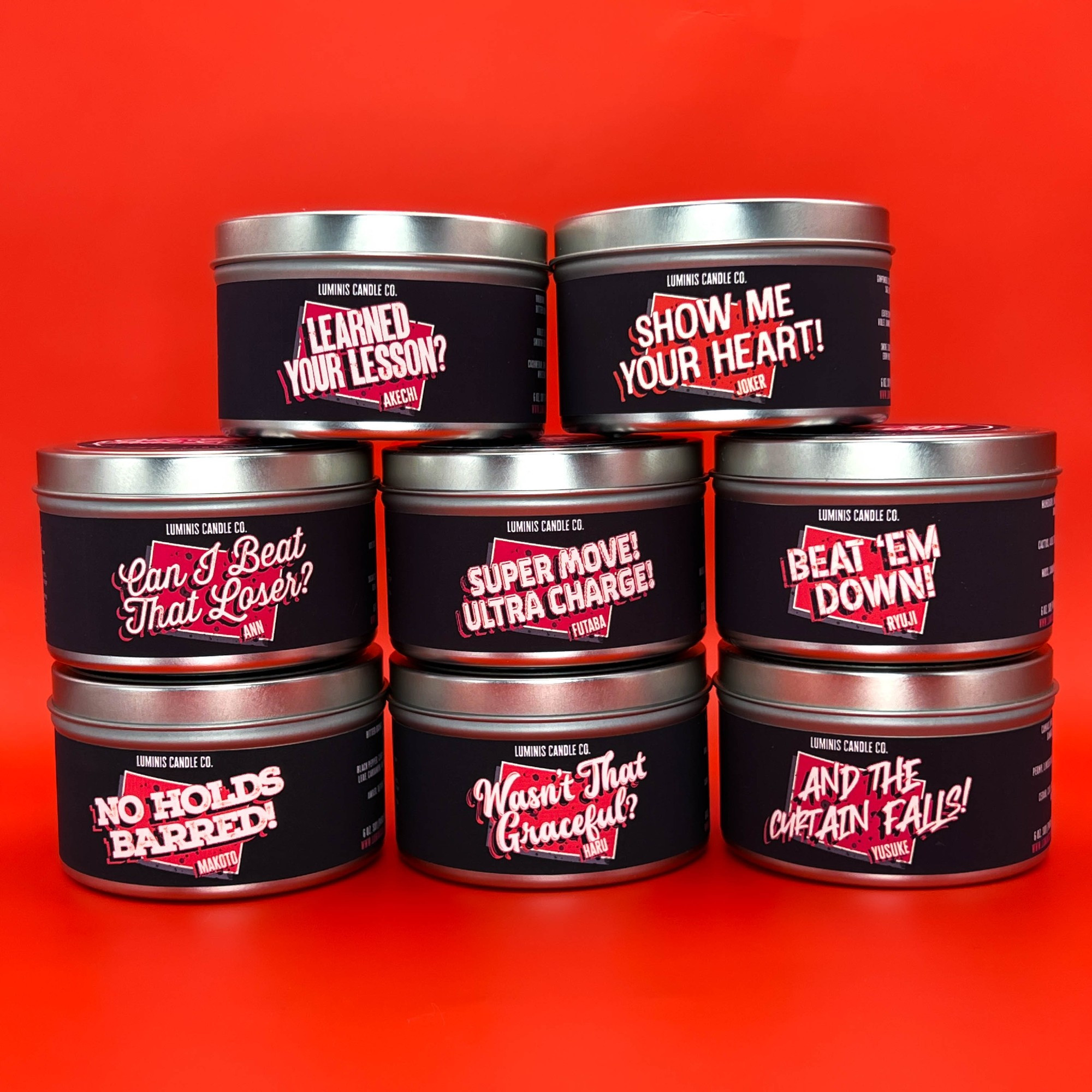 A photo of 8 candles from the Luminis Persona 5 collection.