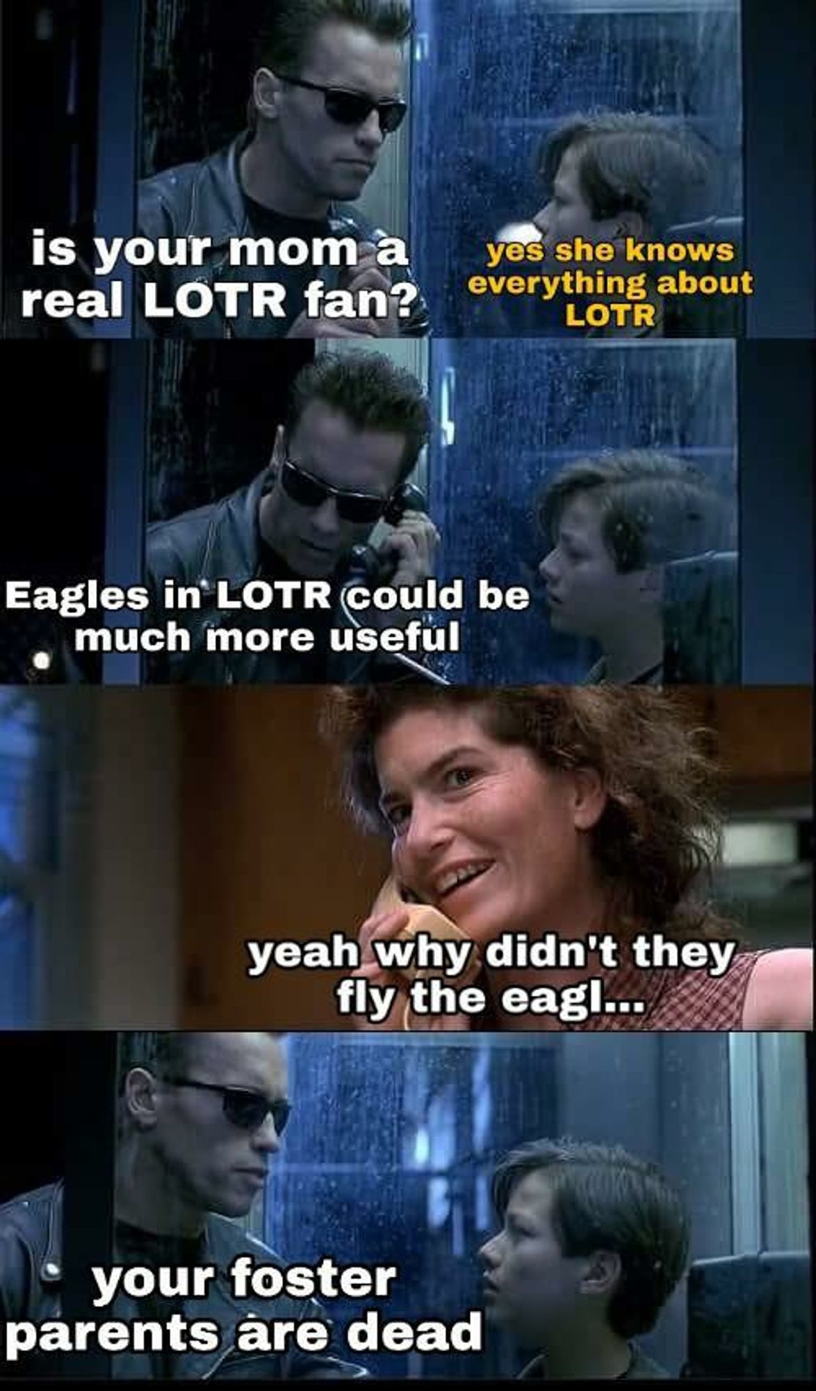 Meme vertical made up of four panels, taken from the payphone scene in Terminator 2.

In panel one the Terminator asks John "is your mom a real LOTR fan?" And John answers "yes she knows everything about LOTR"
In panel 2 the Terminator talks into the phone and says "Eagles in LOTR could be much more useful"
In Panel 3 the Mother/Evil Terminator says "yeah why didn't they fly the eagl..."
In panel three the Terminator is looking at John and says "your foster parents are dead".