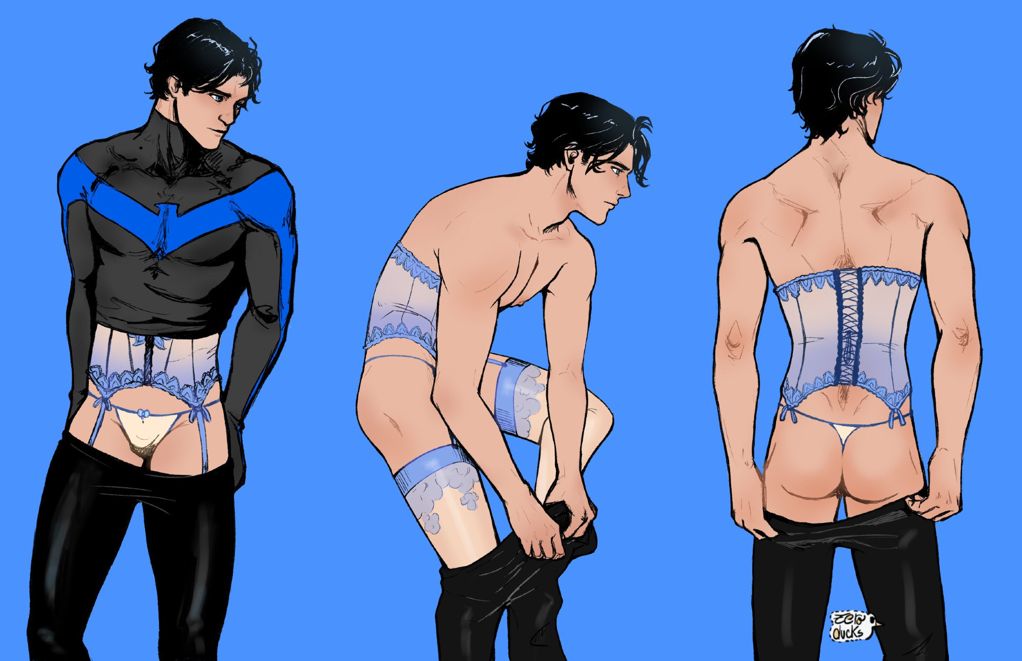 Dick Grayson shown in three poses. In the first he's drawn from the front and he is pulling up the pants of his Nightwing suit. Underneath it, delicate cream and azure panties and the bottom of a corset can be seen. In the second he's drawn from the side, taking off the pants. In addition to panties and corset, cream and azure stockings are showing. In the third, he is drawn from the back and his face is not visible. The pants of the suit cover him only up to the thighs, so the back of panties and corset are in full show. Where is face is visible he looks absent and pensive, giving the impression to be alone in a private space rather than giving a show to an onlooker.