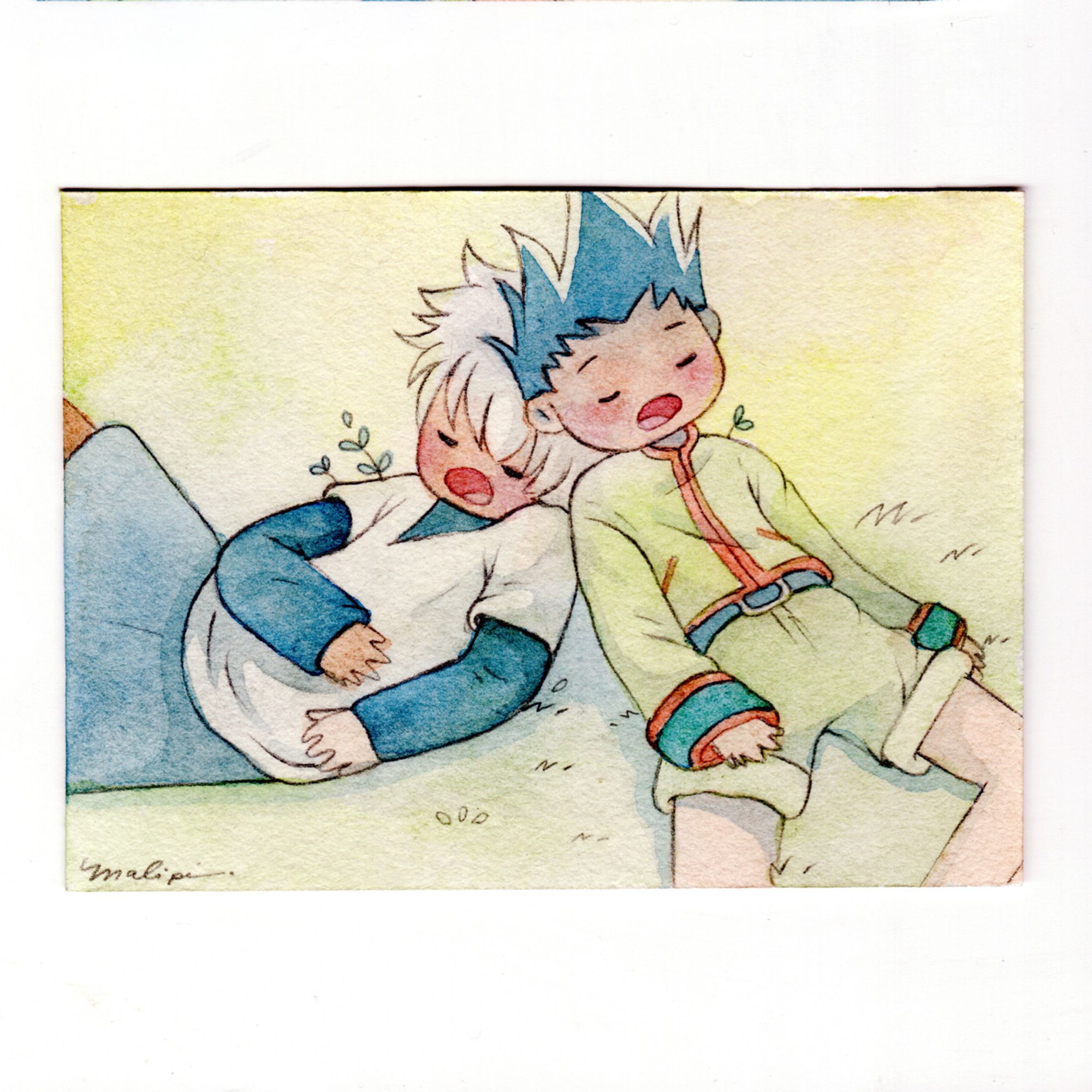 small watercolor painting of killua and gon from hunter x hunter sleeping / mini aquarela com o killua e o gon de hunter x hunter dormindo