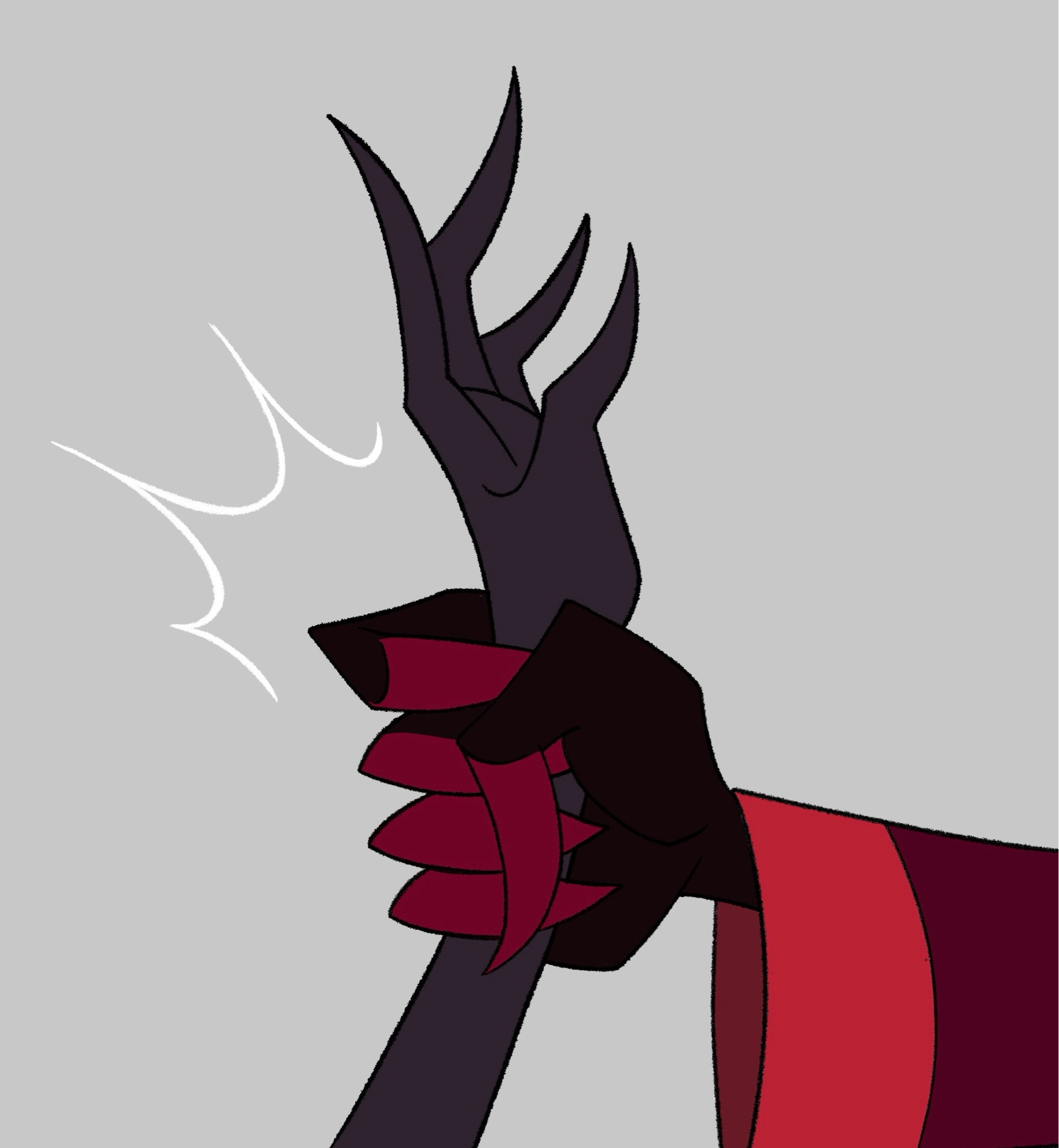 A closeup of Alastor from Hazbin Hotel grabbing Lucifer’s wrist.