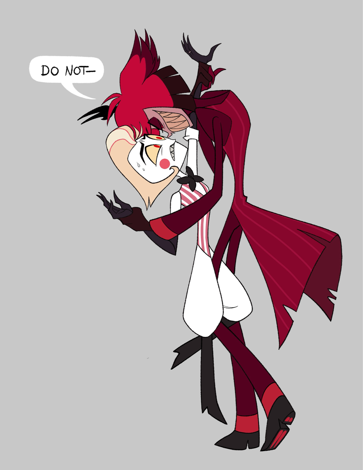 A full body shot of Alastor from Hazbin Hotel picking up Lucifer and pushing him back while saying “Do not—“