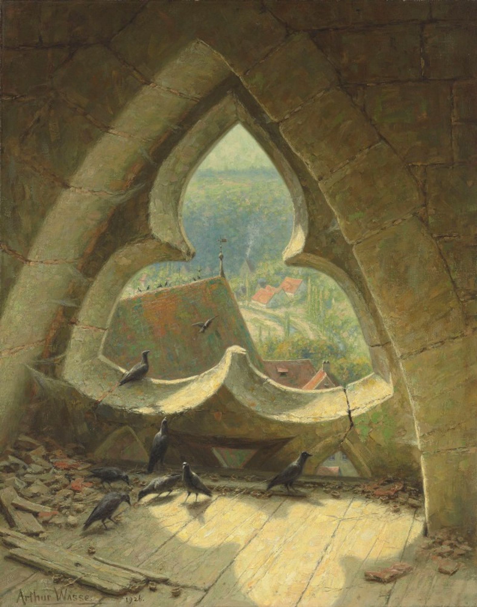 view through a trefoil like church window, sone small birds are perched, and on the floorboards. without a landscape is visible