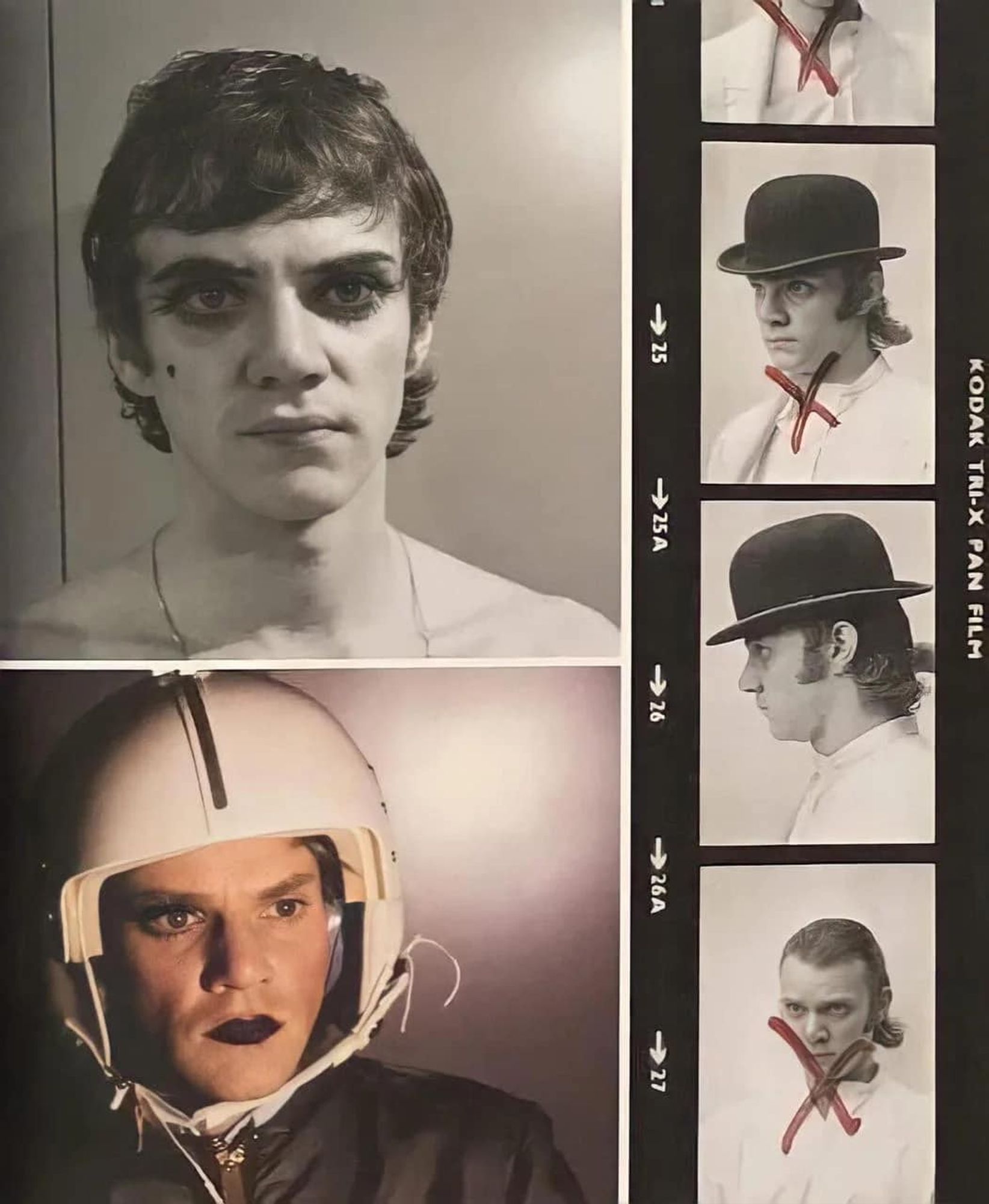 Malcolm McDowell costume tests for Stanley Kubrick’s “A Clockwork Orange” in 1970
lots of eye makeup and lipstick.
in the lower photo he is wearing a pilots helmet
several shots of Malc in a bowler hat, 3 of which have been crossed out