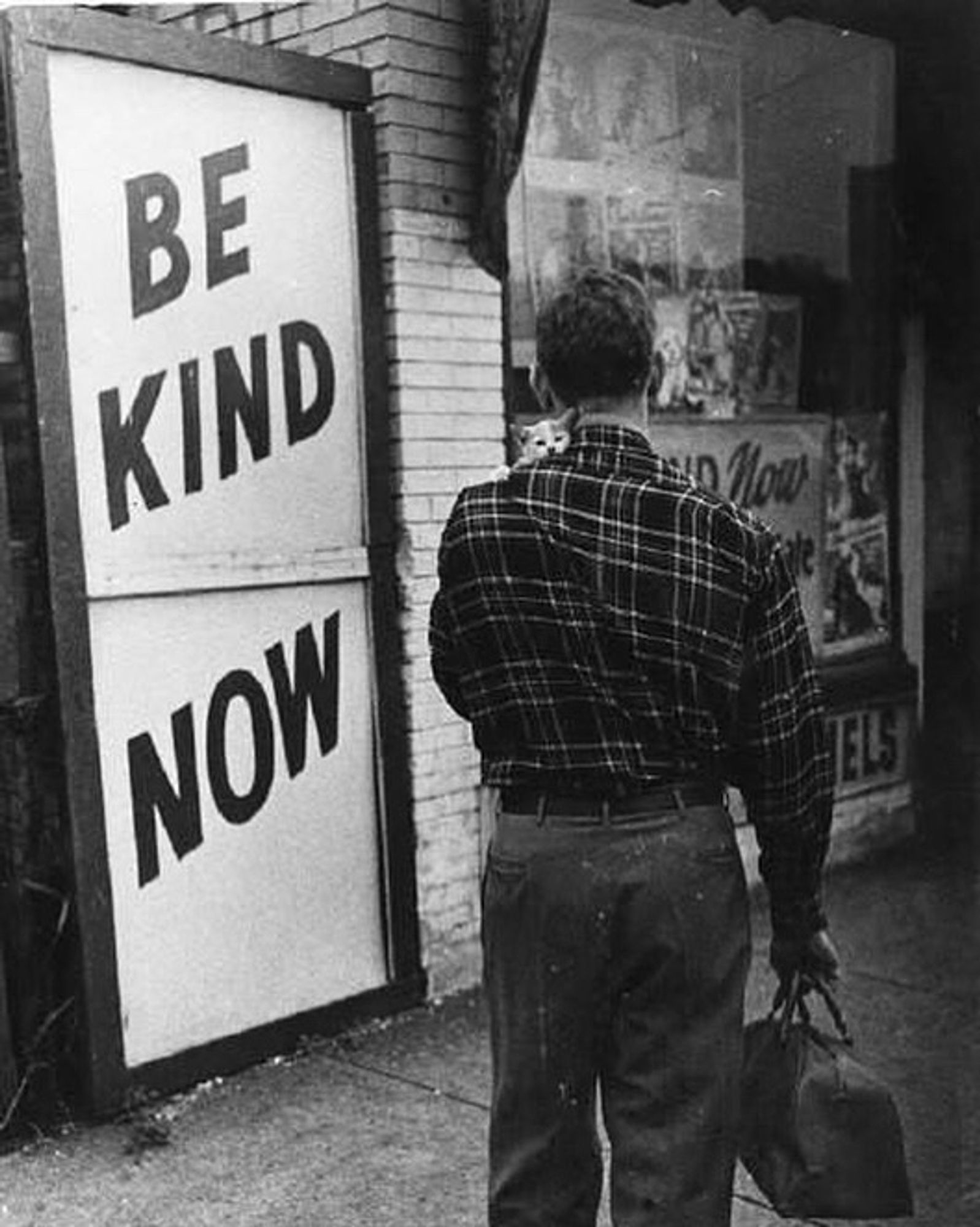 photo
a person, holding a bag. They are looking at a sign that reads Be Kind Now