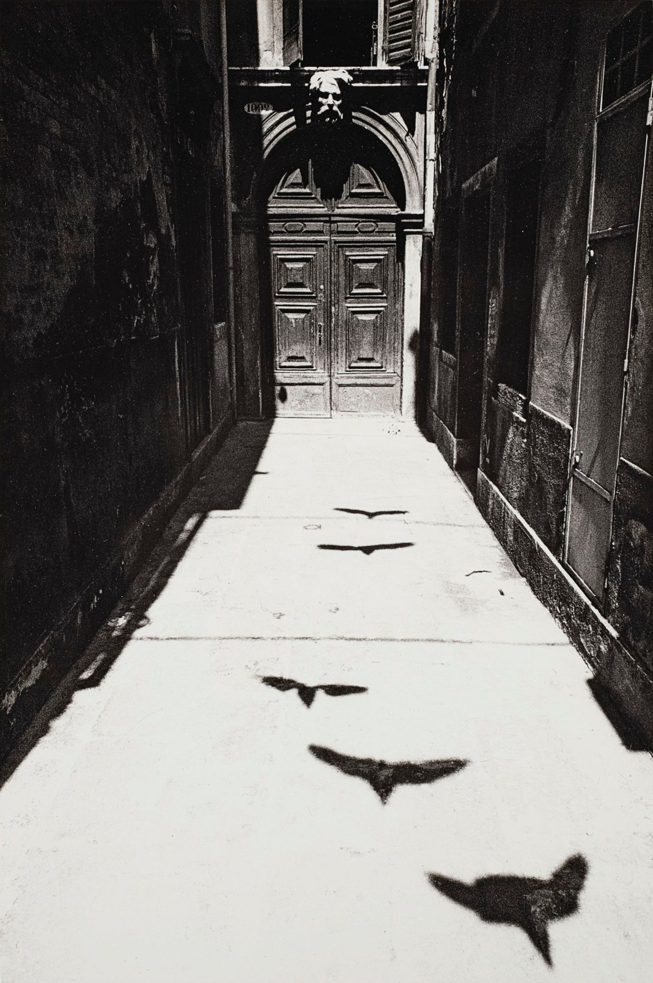 photo
an alley ending in a large door with a face above it. The shadow of birds is cast on the path to the door