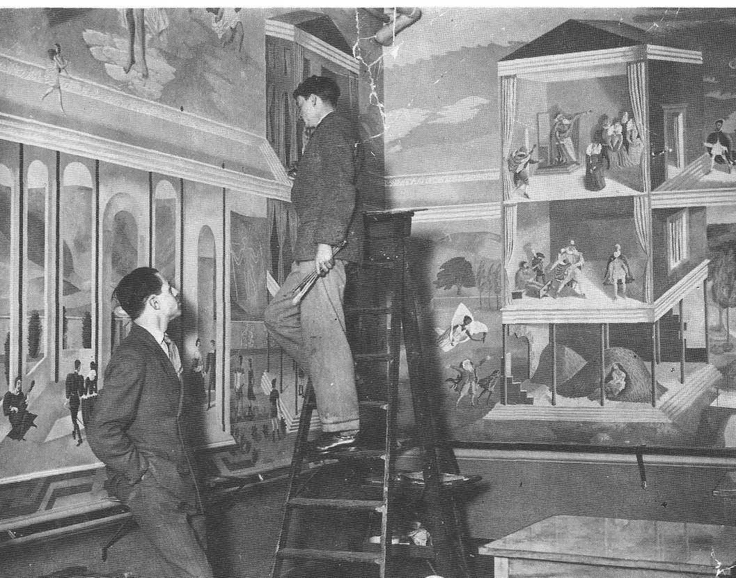 Ravilious and Bawden pose for the cameras while painting the mural