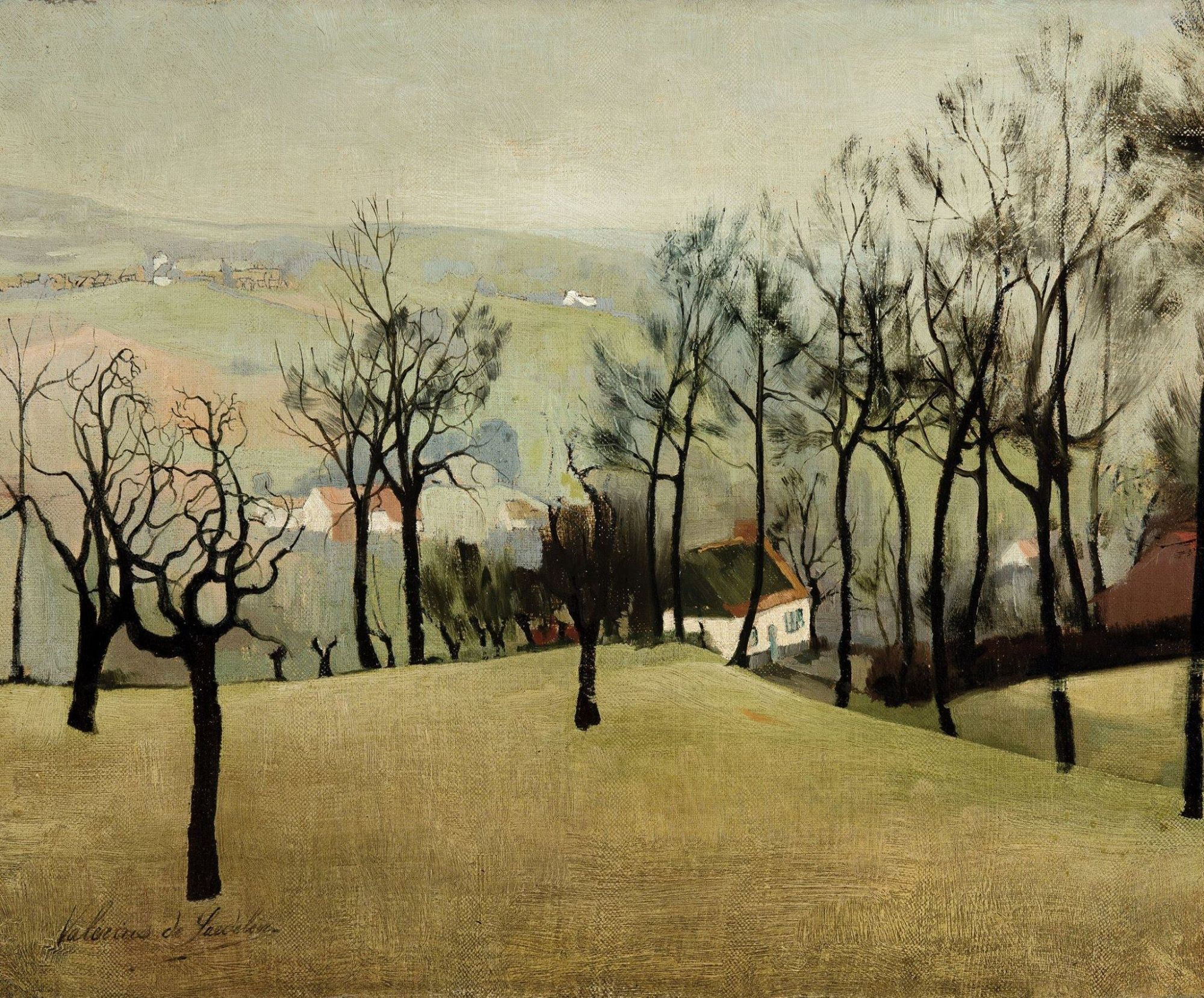 painting
sparce leafless trees dot a landscape, with a small house nestled amongst the gentle slopes